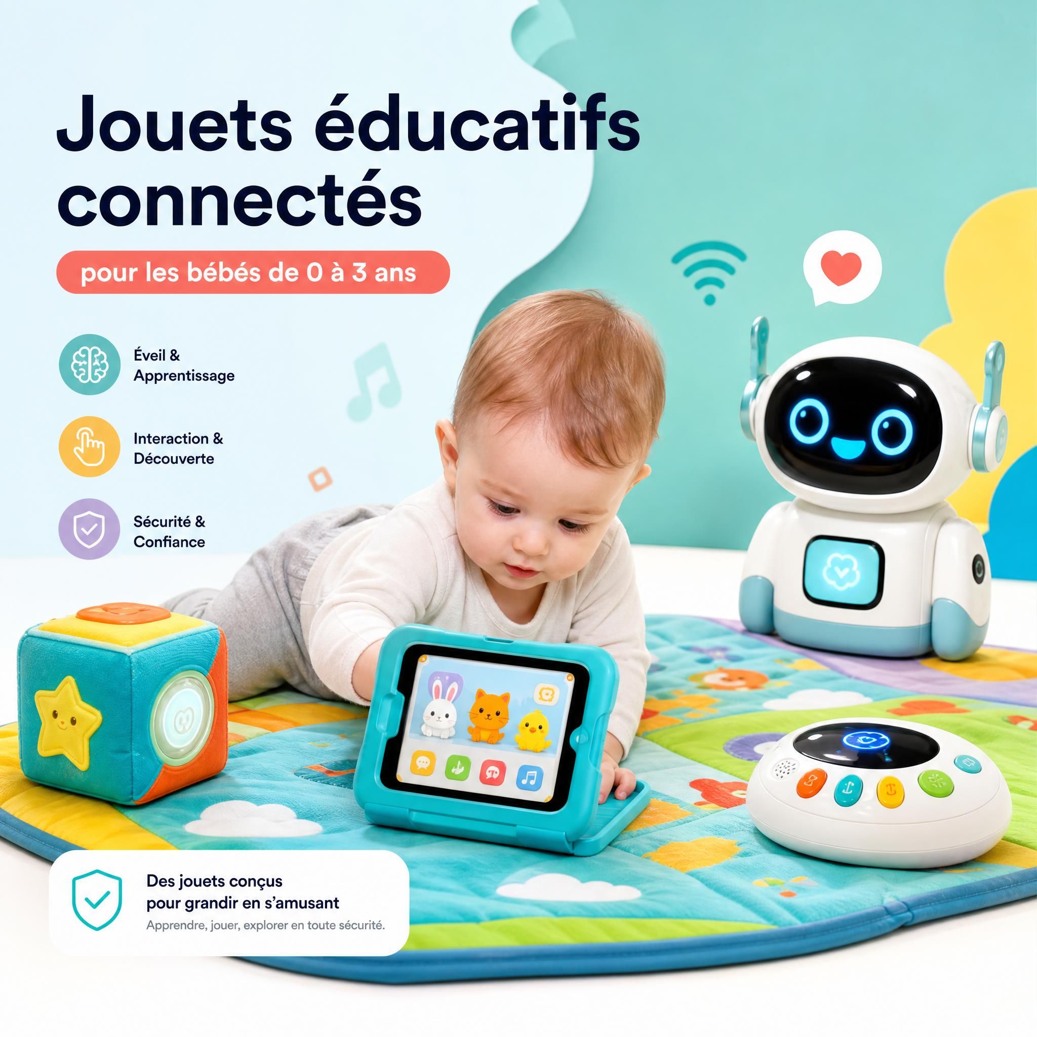 jouets éducatifs connectés bébé 0-3 ans robot interactif tapis d'éveil tablette enfant sur fond coloré
