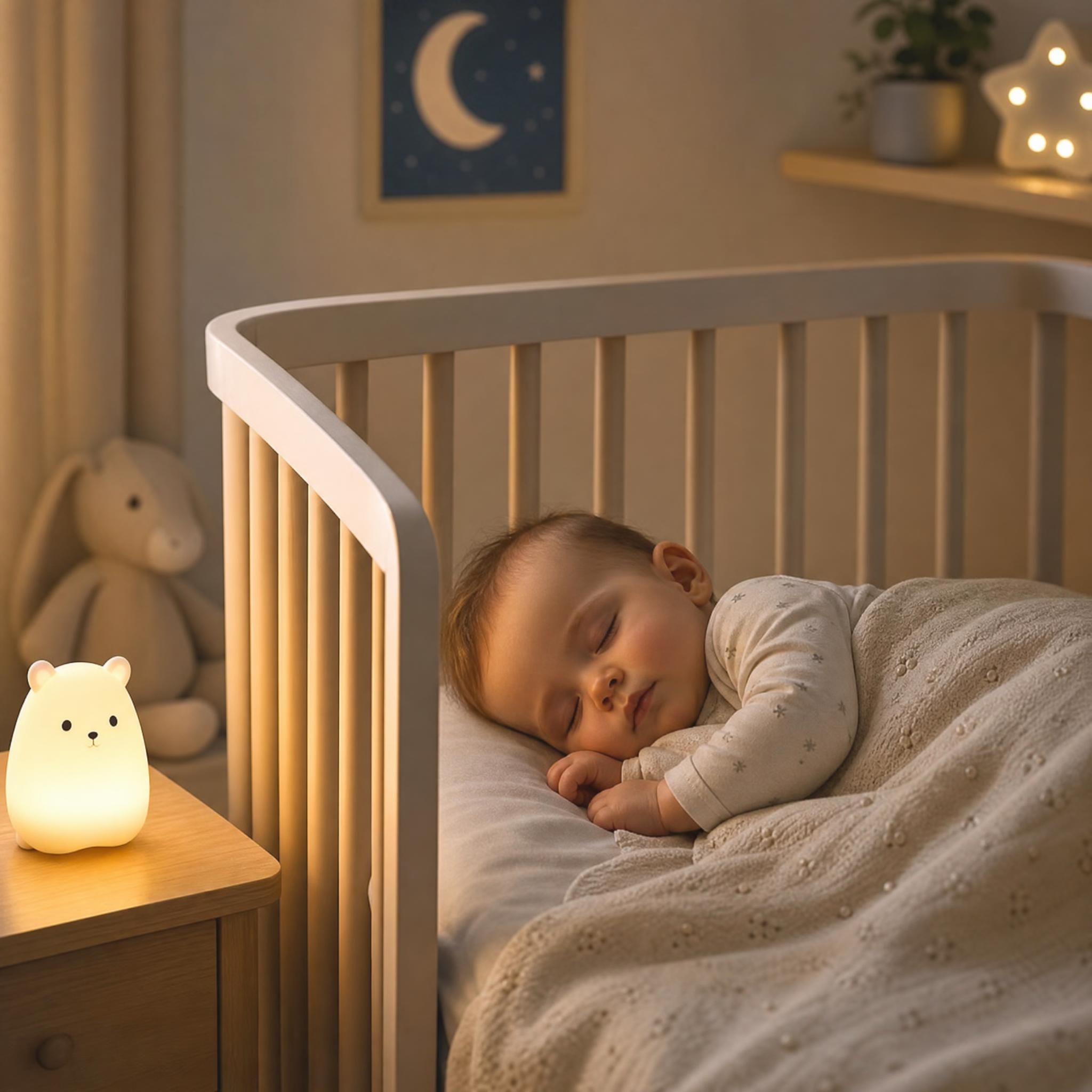 Bébé endormi paisiblement dans son lit à barreaux avec veilleuse douce — routine sommeil bébé