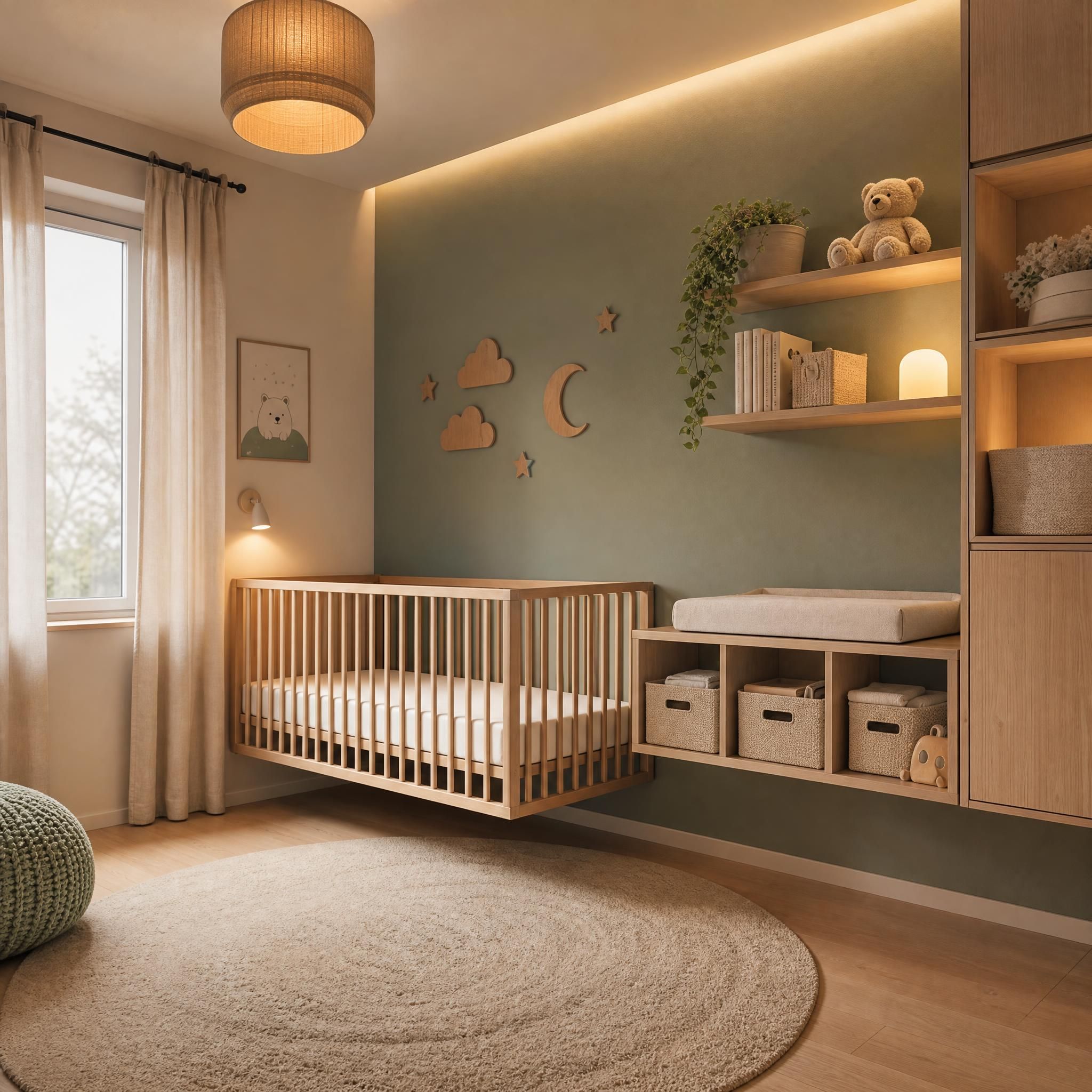 Chambre bébé bien aménagée avec meubles fixés au mur, lit sécurisé sans objets, éclairage tamisé et rangements adaptés