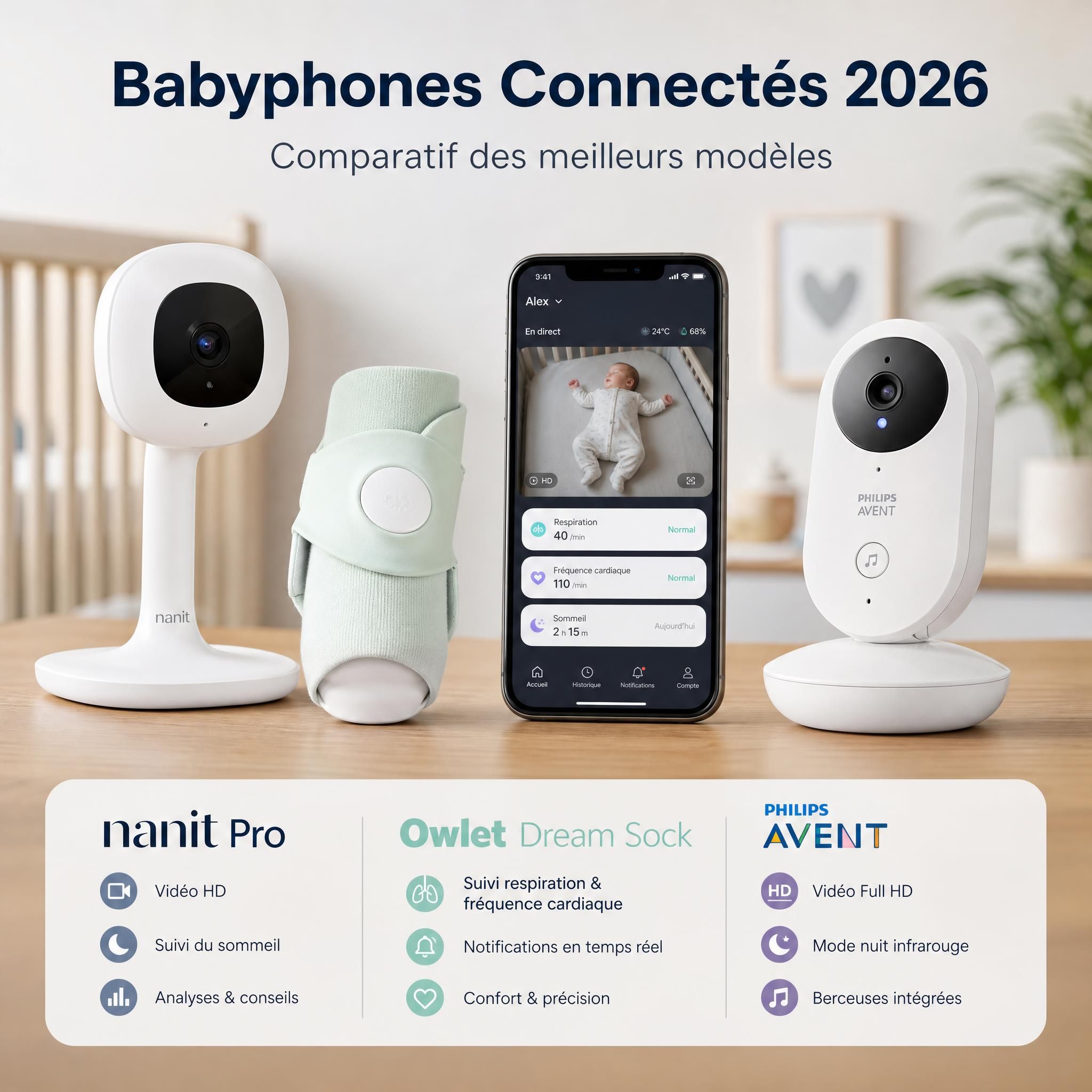 comparatif babyphones connectés 2026 Nanit Pro Owlet Philips Avent sur table avec smartphone affichant interface application