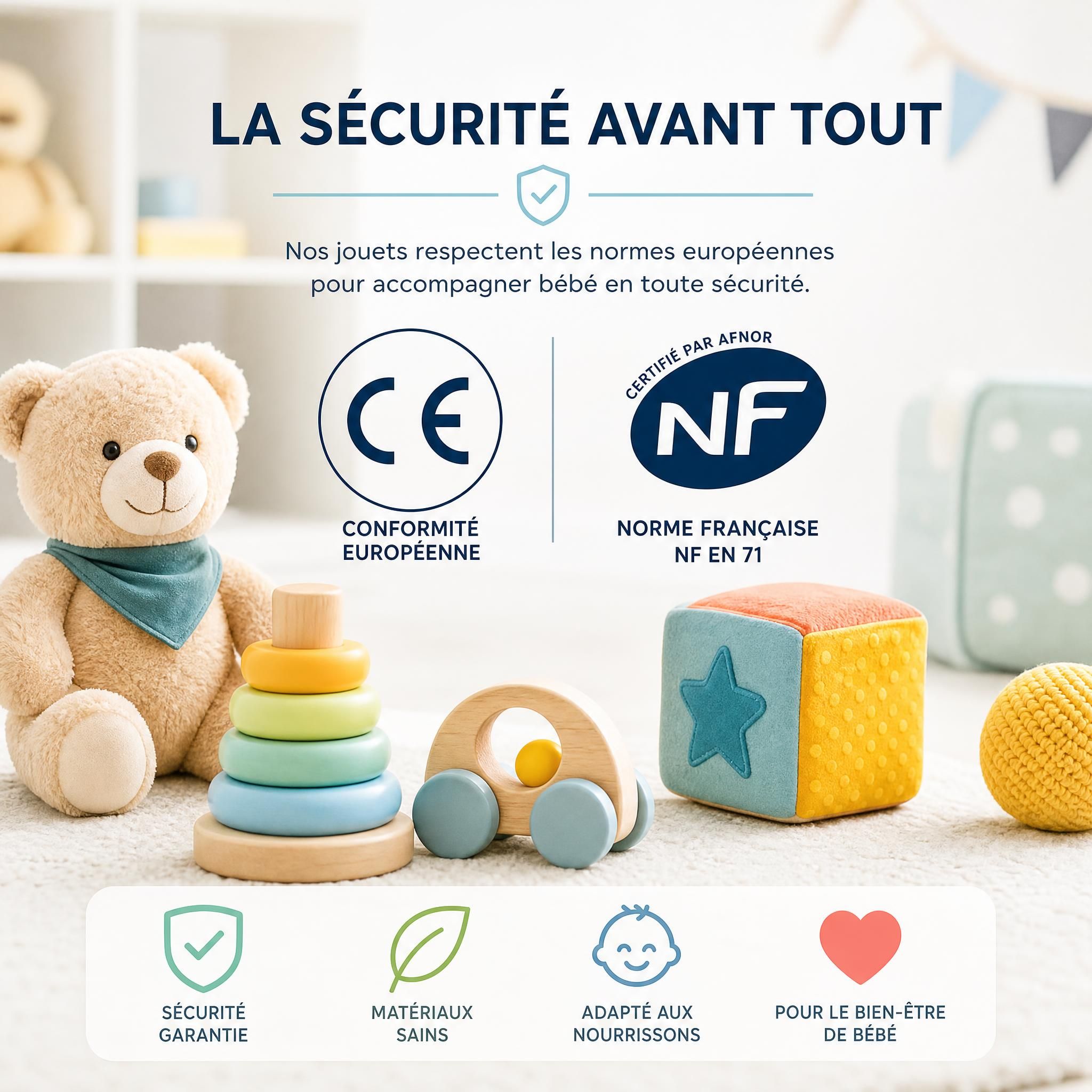 Jouets bébé avec marquage CE et NF, illustration sécurité jouets normes européennes pour nourrissons
