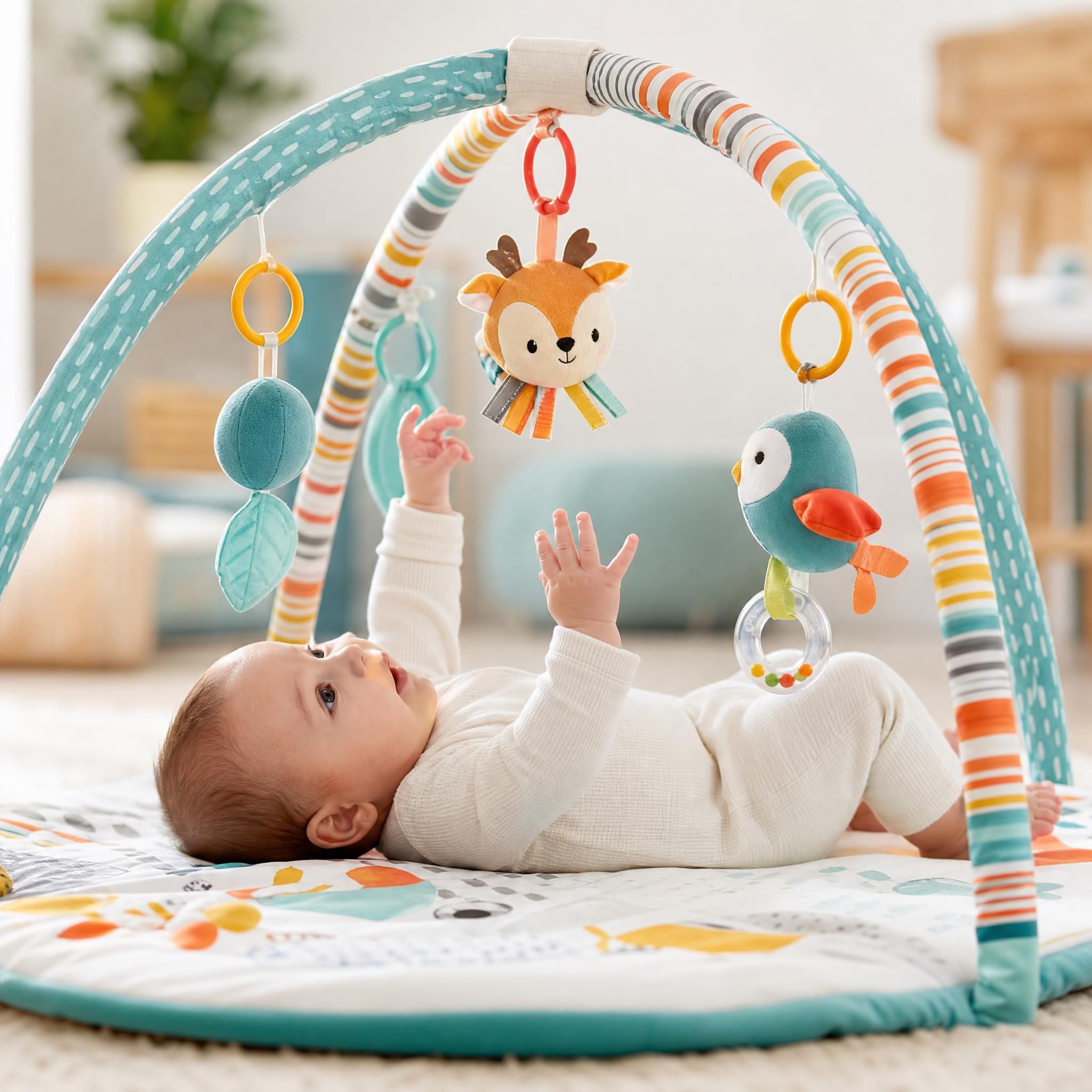 Bébé de 3 mois allongé sous une arche d'éveil colorée avec des jouets suspendus, regard curieux