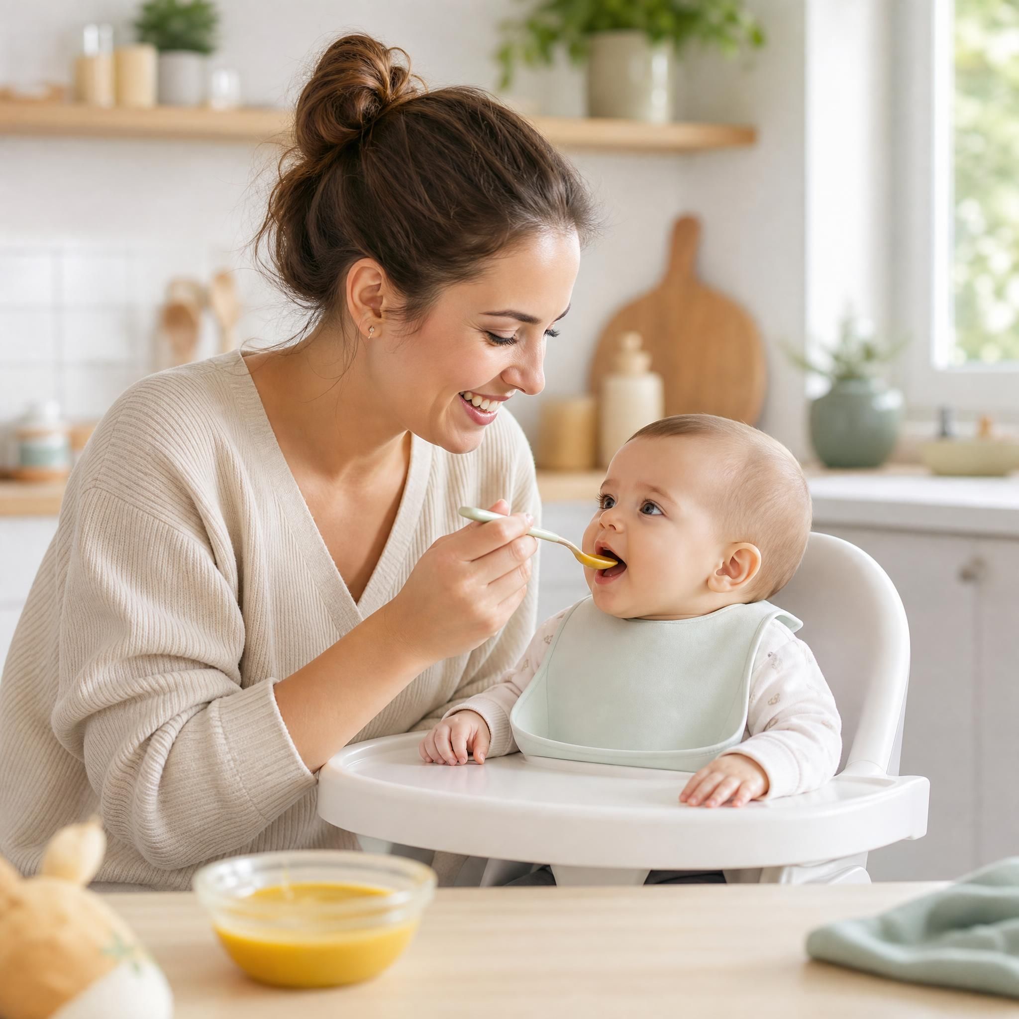 Jeune maman souriante donnant la première purée à son bébé de 5 mois dans une cuisine lumineuse