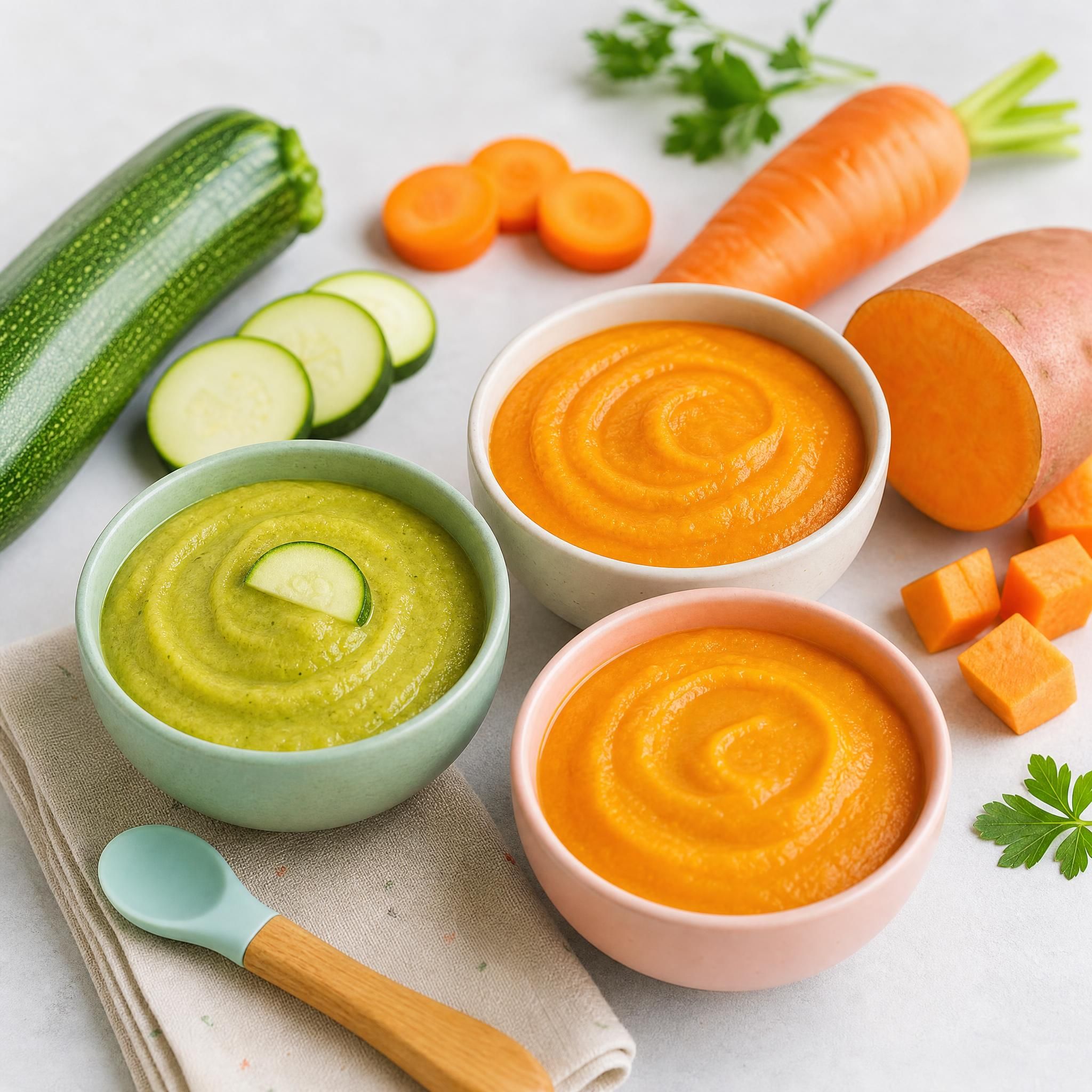Assortiment coloré de légumes vapeur mixés en purées lisses pour bébé — carottes, courgettes, patate douce