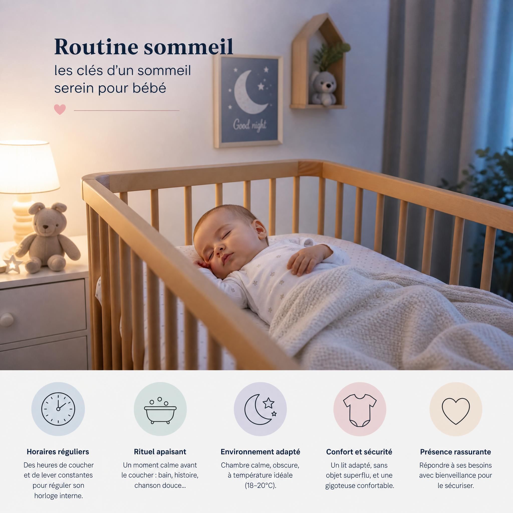 Bébé endormi dans son berceau, routine sommeil saine, chambre douce et sécurisée