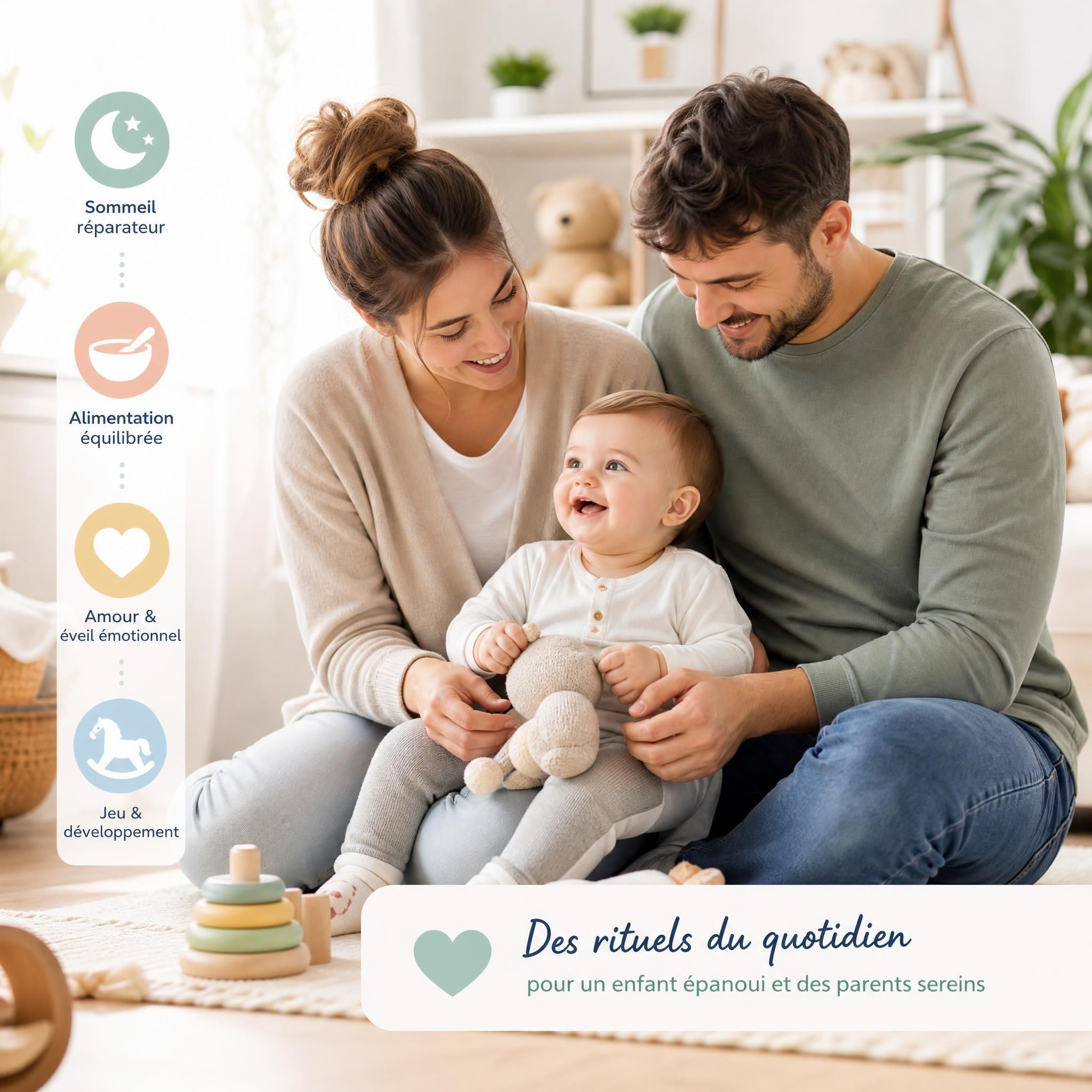 Famille heureuse avec bébé épanoui, routine quotidienne bien-être enfant, parents sereins