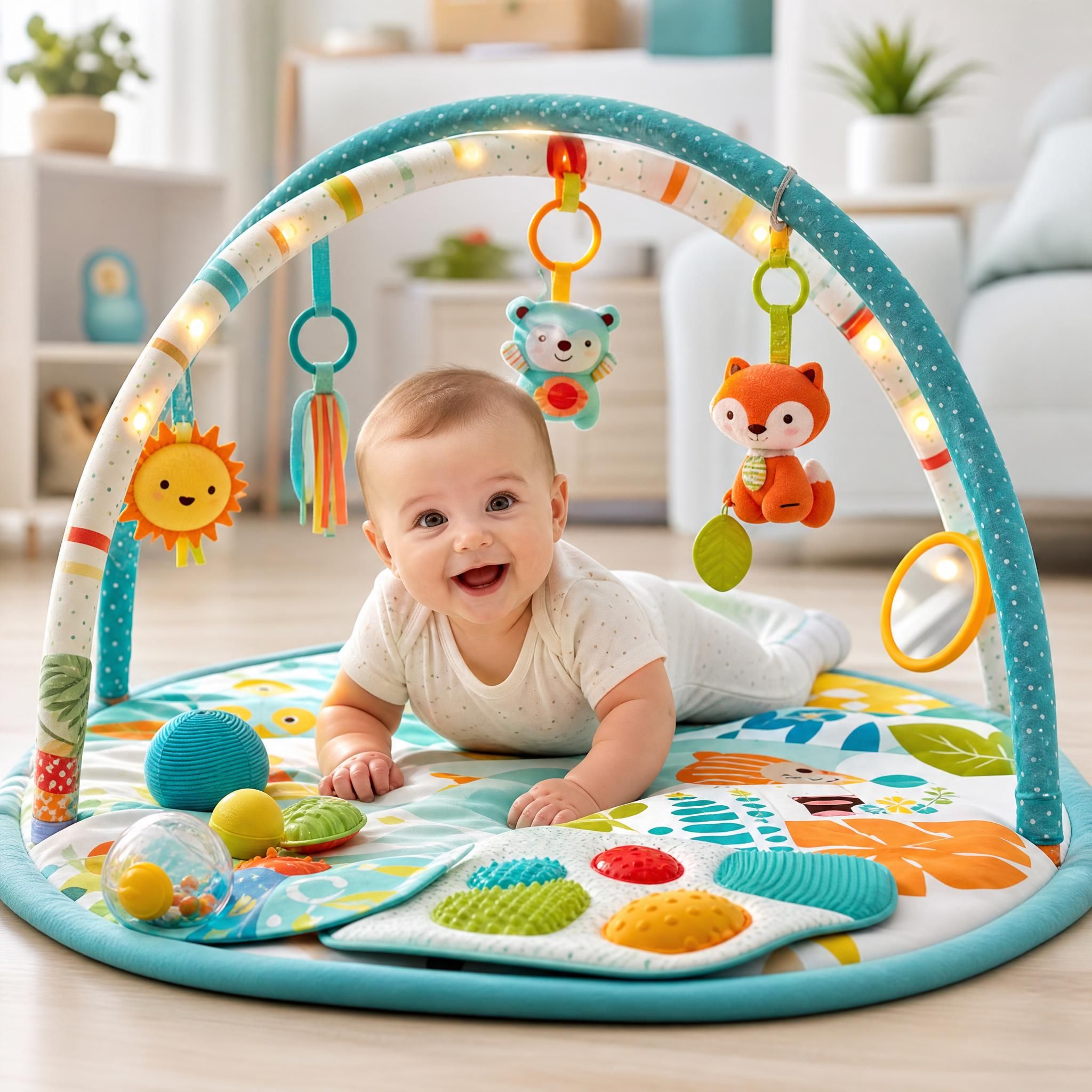Tapis d'éveil interactif avec arches lumineuses, jouets sensoriels colorés et bébé souriant en position ventrale