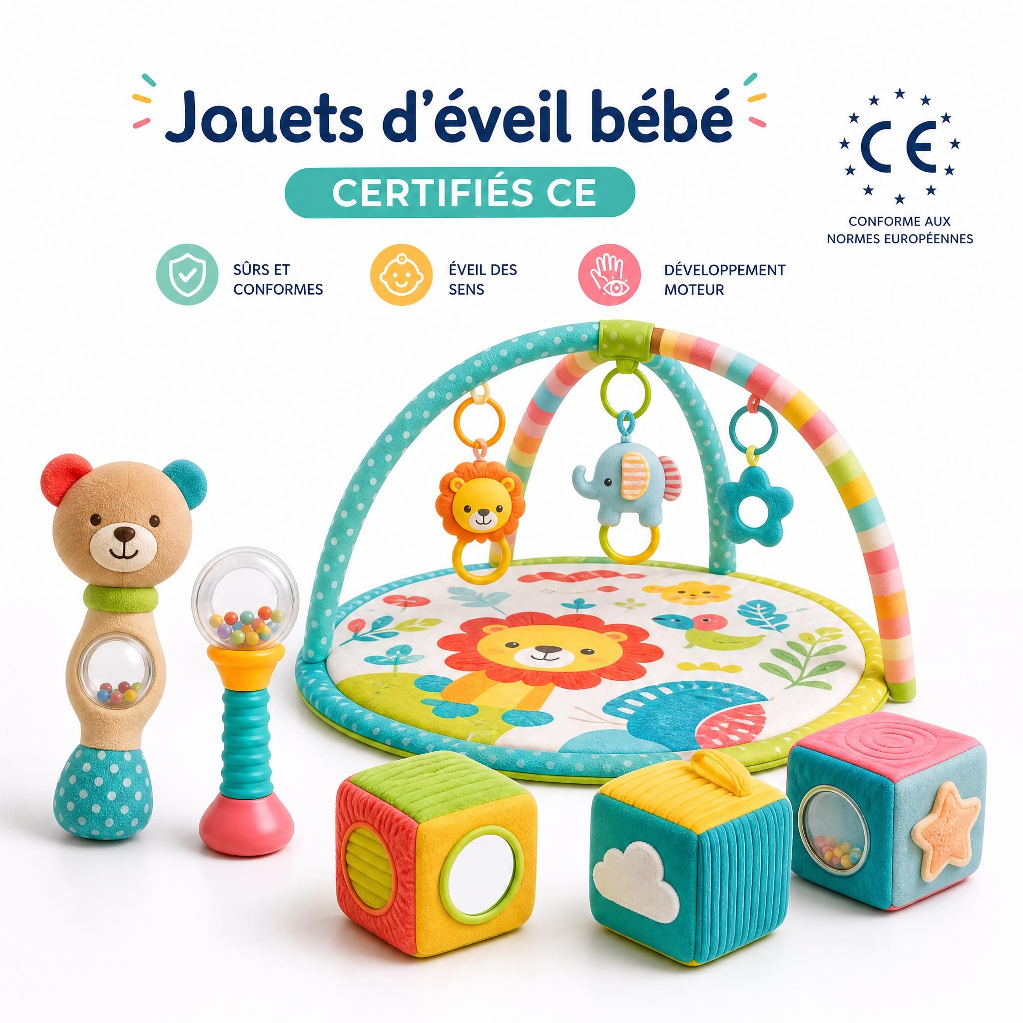 Jouets d'éveil bébé certifiés CE - hochets colorés, tapis d'éveil et cubes sensoriels sur fond blanc