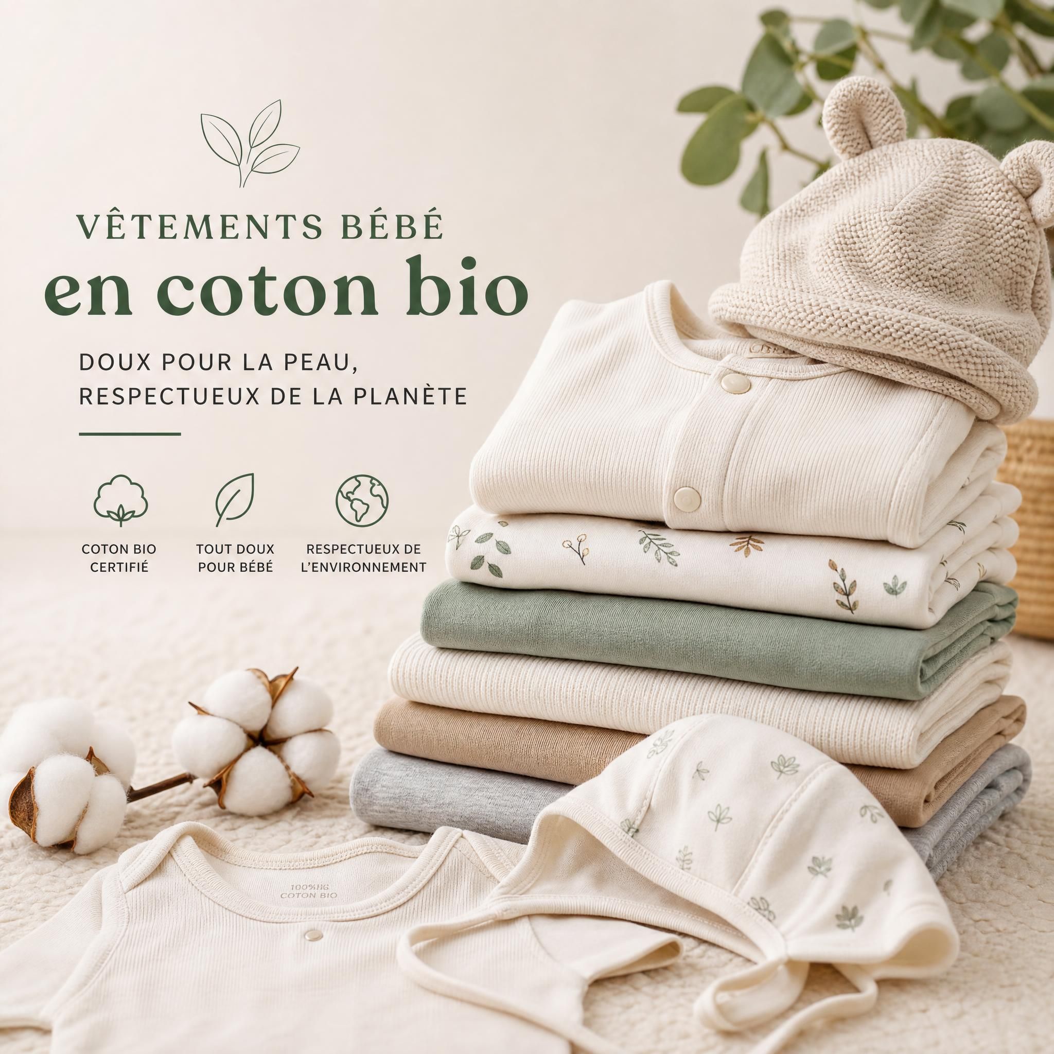 Vêtements bébé en coton bio - grenouillères, bodies et bonnets doux empilés avec soin