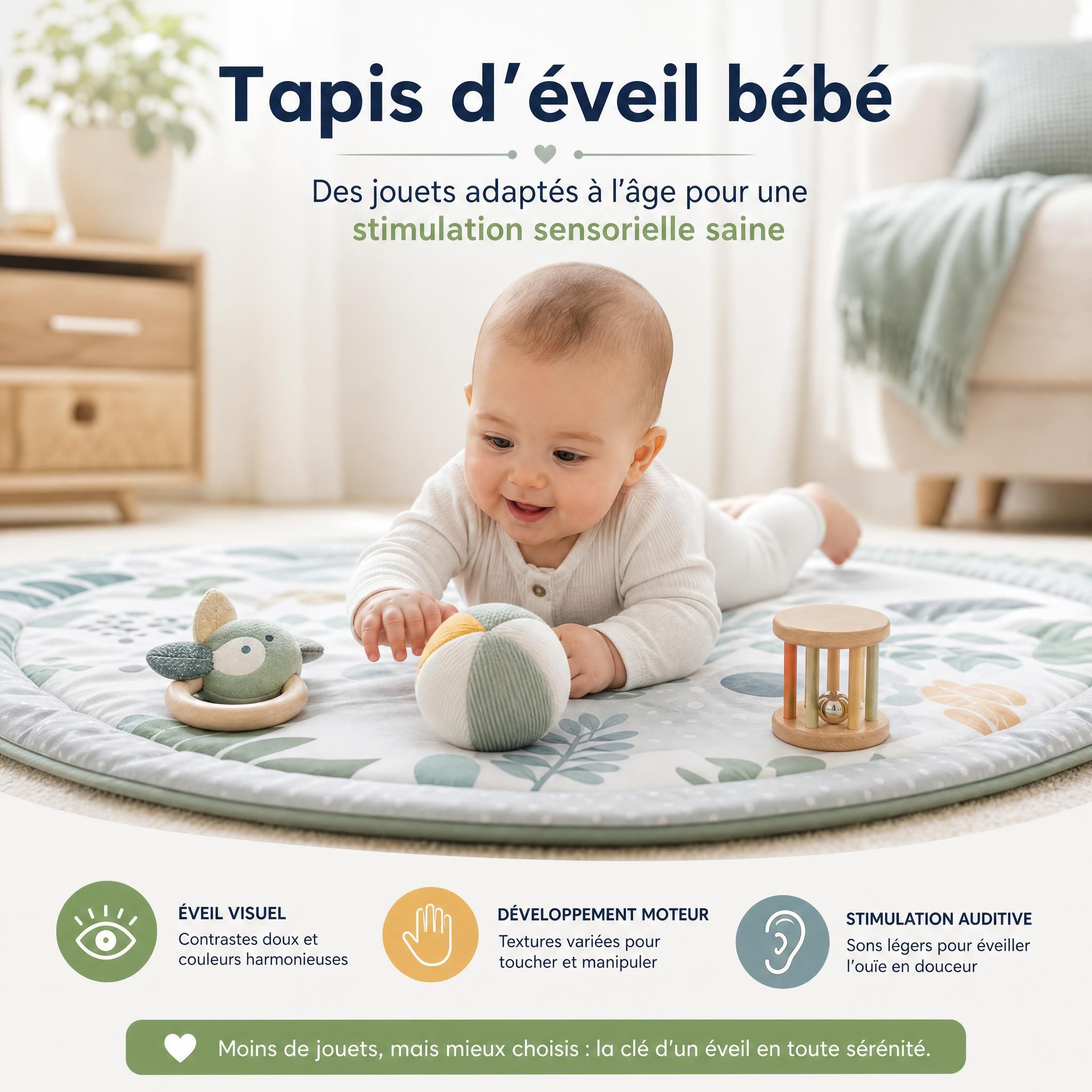 Tapis d'éveil bébé avec jouets adaptés à l'âge, stimulation sensorielle saine, 2-3 jouets maximum