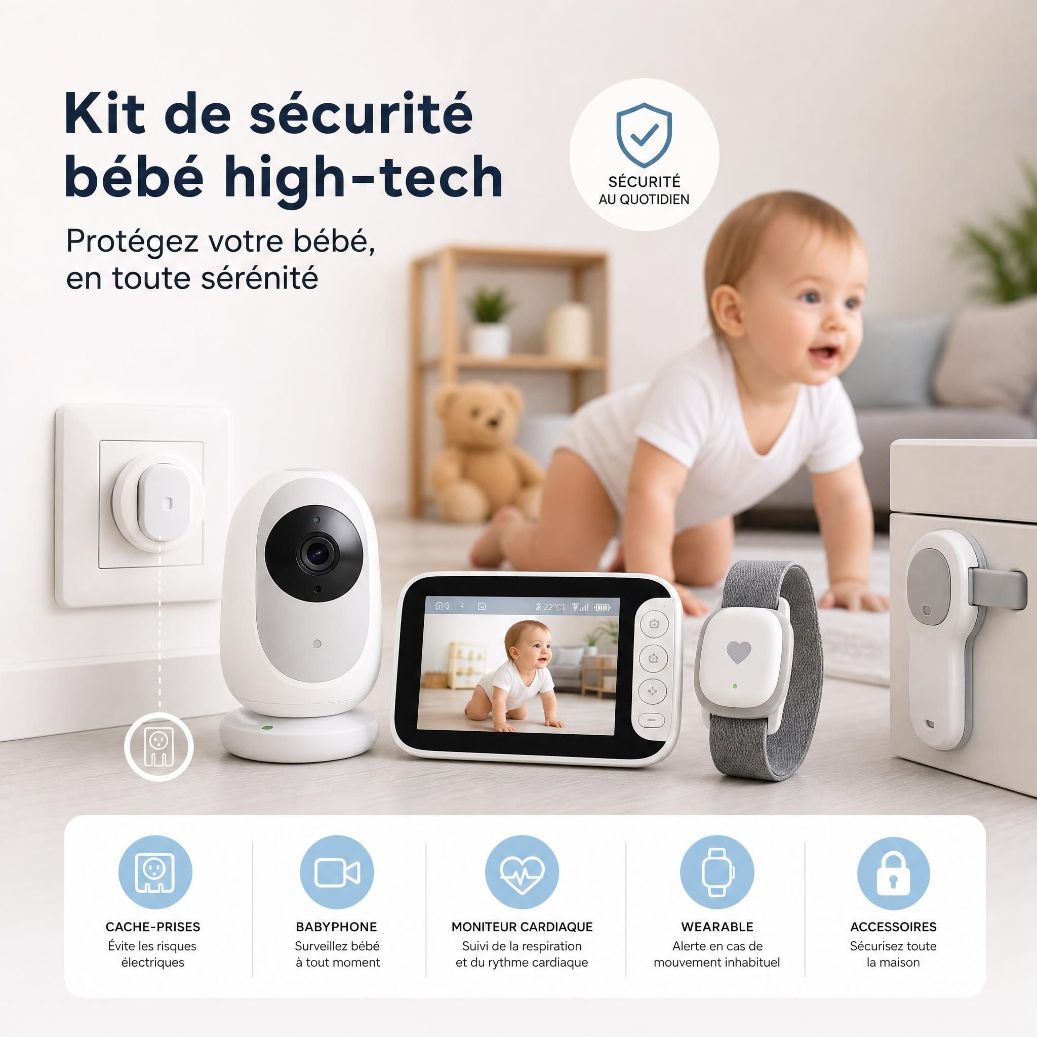 kit sécurité bébé high-tech cache-prises babyphone moniteur cardiaque wearable accessoires protection maison