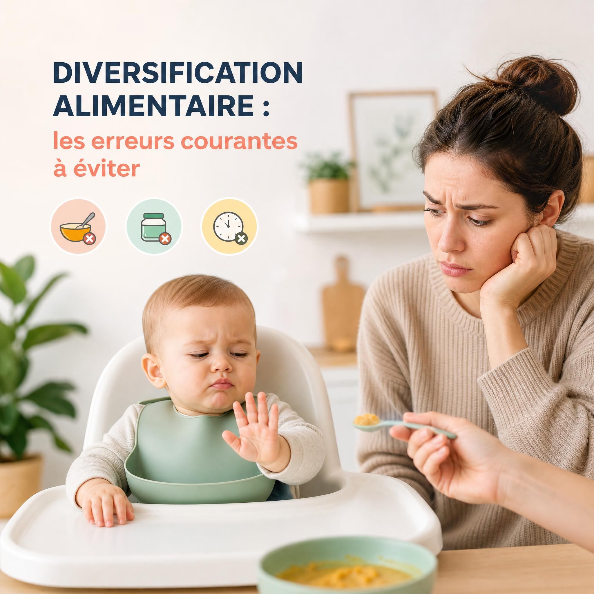 Parent inquiet regardant son bébé qui refuse de manger, diversification alimentaire erreurs courantes
