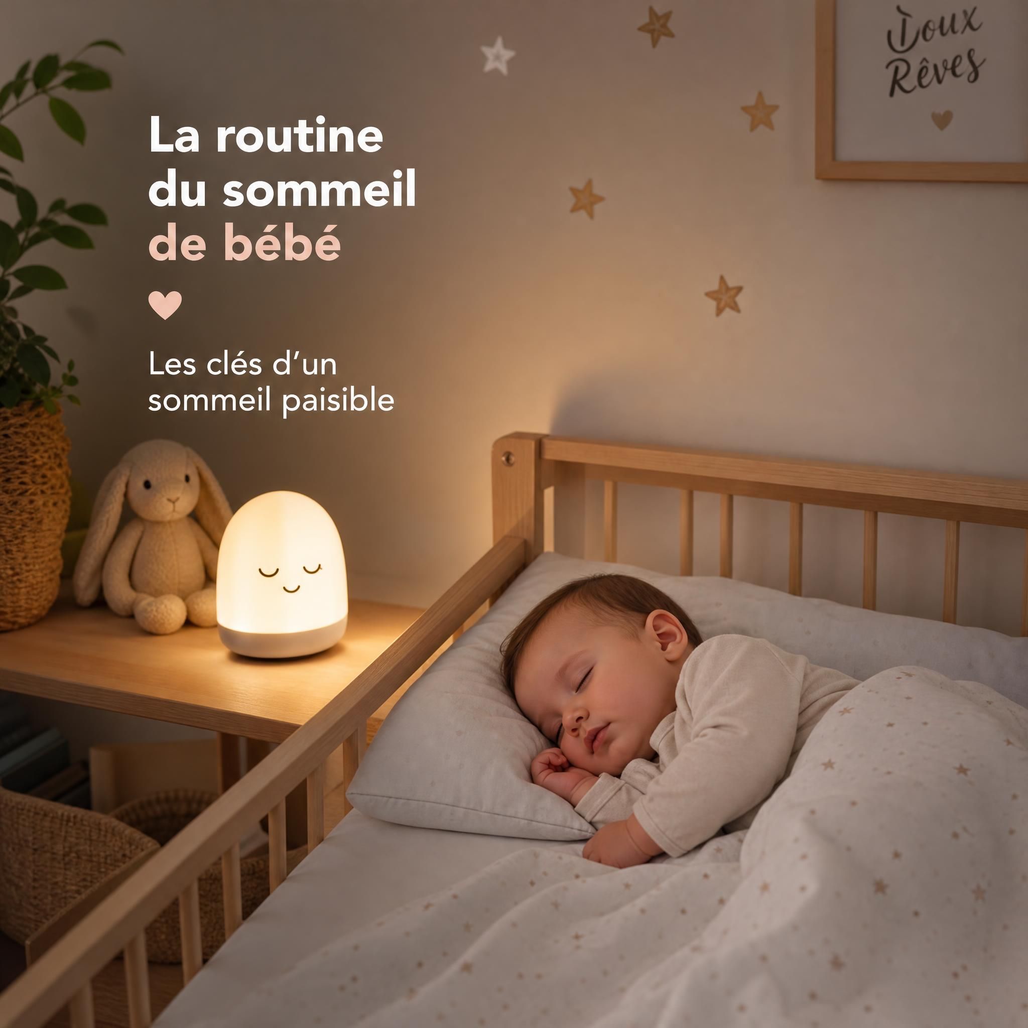 Bébé endormi paisiblement dans son lit en bois naturel, veilleuse douce, routine sommeil bébé bien-être