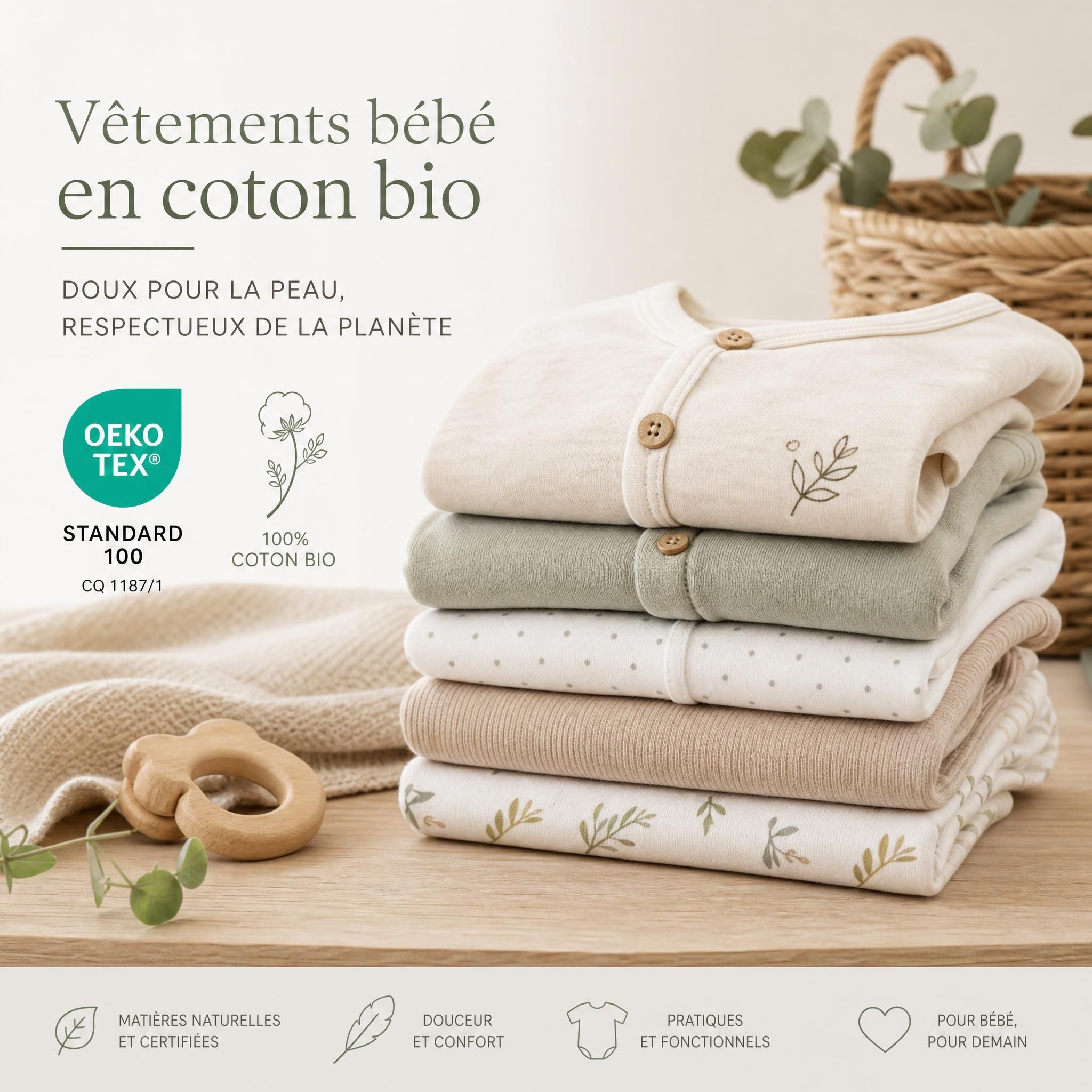 Vêtements bébé en coton bio certifié OEKO-TEX empilés soigneusement, tenues pratiques pour nouveau-né