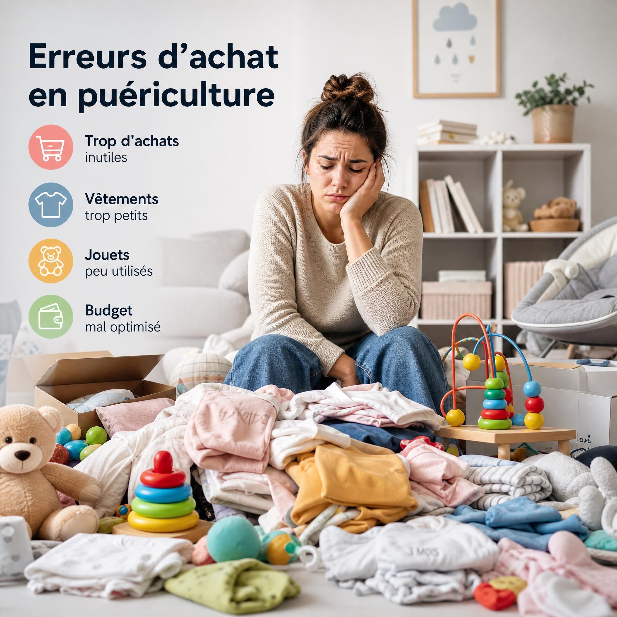 Parent déçu devant une montagne de jouets bébé inutilisés et vêtements trop petits, illustration des erreurs d'achat puériculture