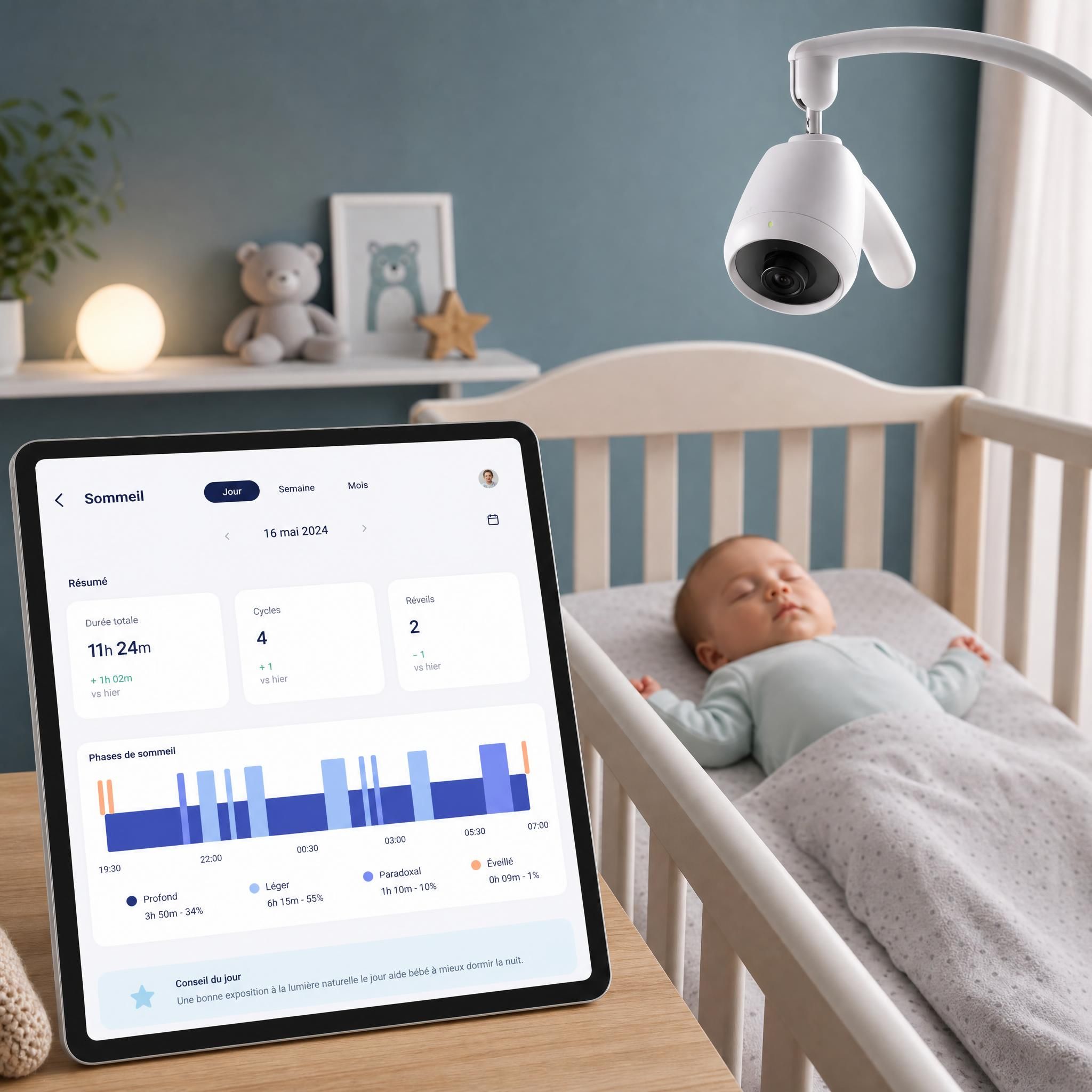 Moniteur bébé connecté positionné au-dessus d'un berceau, affichant des statistiques de sommeil sur une tablette