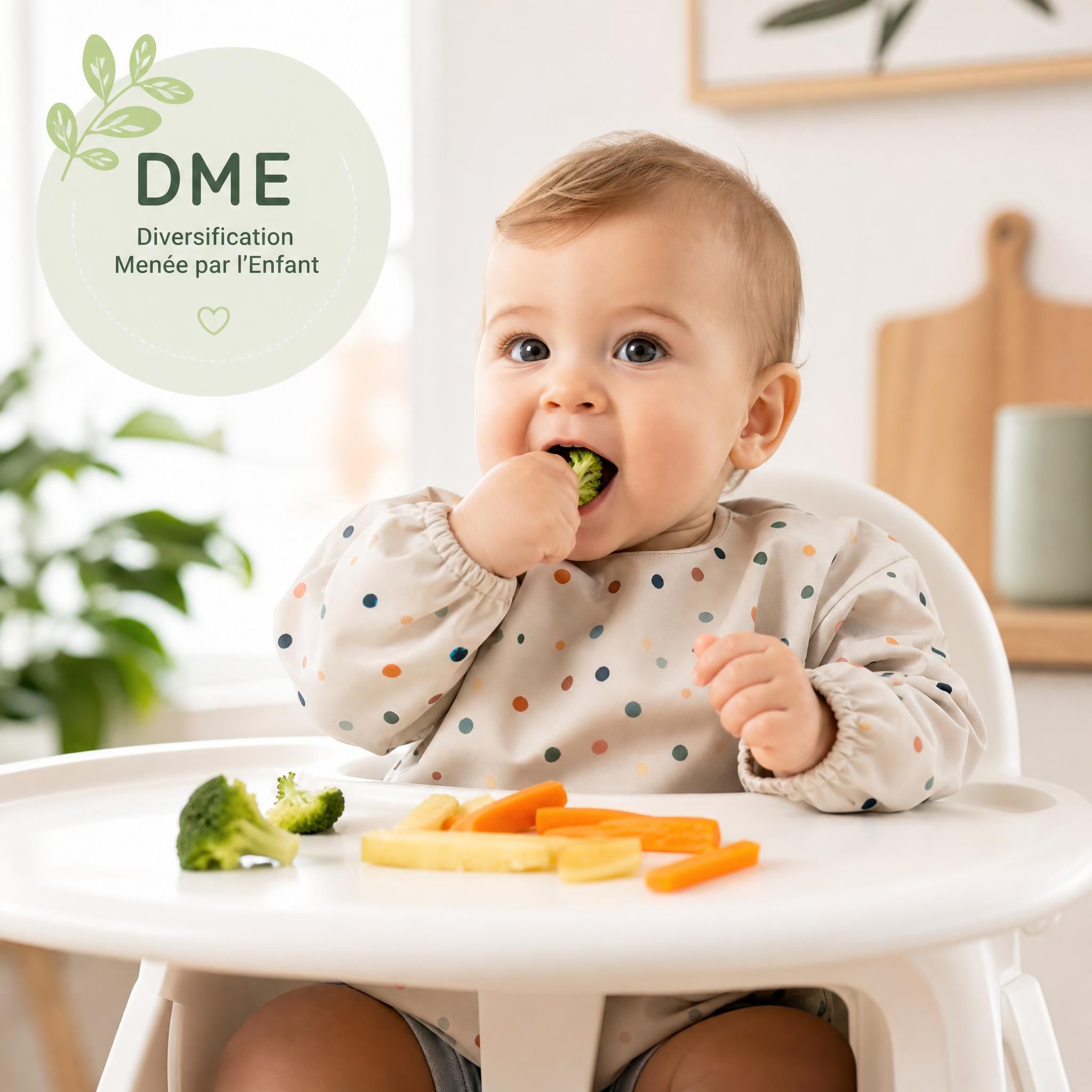 Bébé assis dans une chaise haute mangeant des légumes en morceaux — méthode DME diversification alimentaire