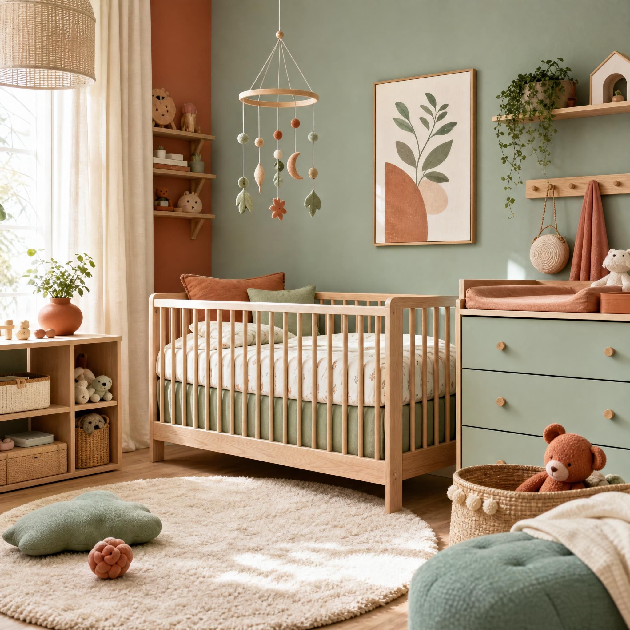 Chambre bébé cocooning 2026 - palette terracotta et vert céladon, lit barreaux bois, mobile décoratif et tapis doux