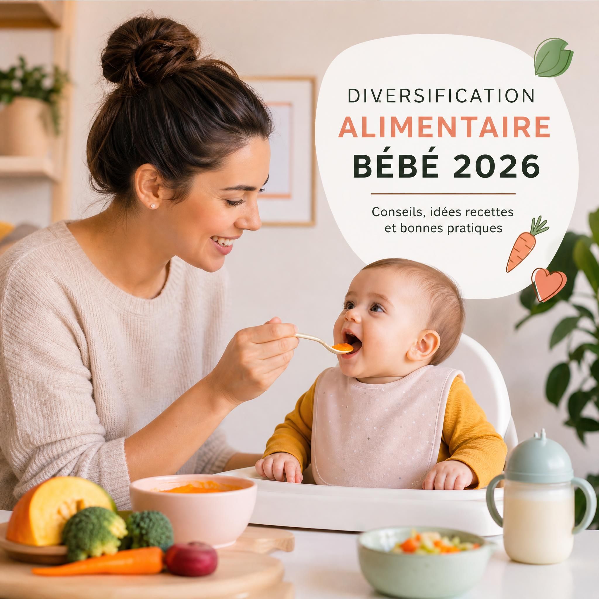 Jeune mère donnant à manger à son bébé avec une cuillère, repas sain et coloré, diversification alimentaire bébé 2026