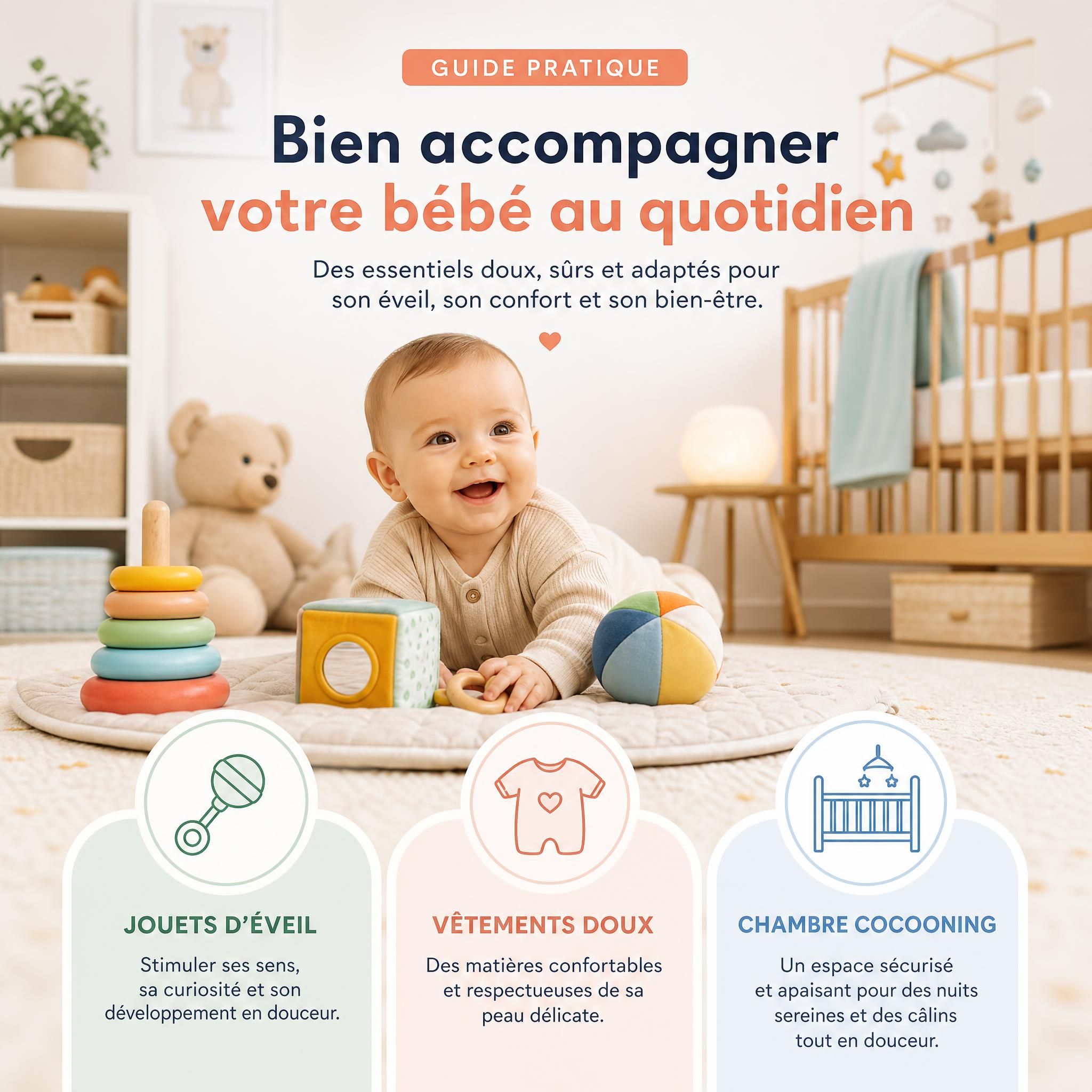 Guide pratique parents bébé - jouets d'éveil colorés, vêtements doux et chambre bébé cocooning