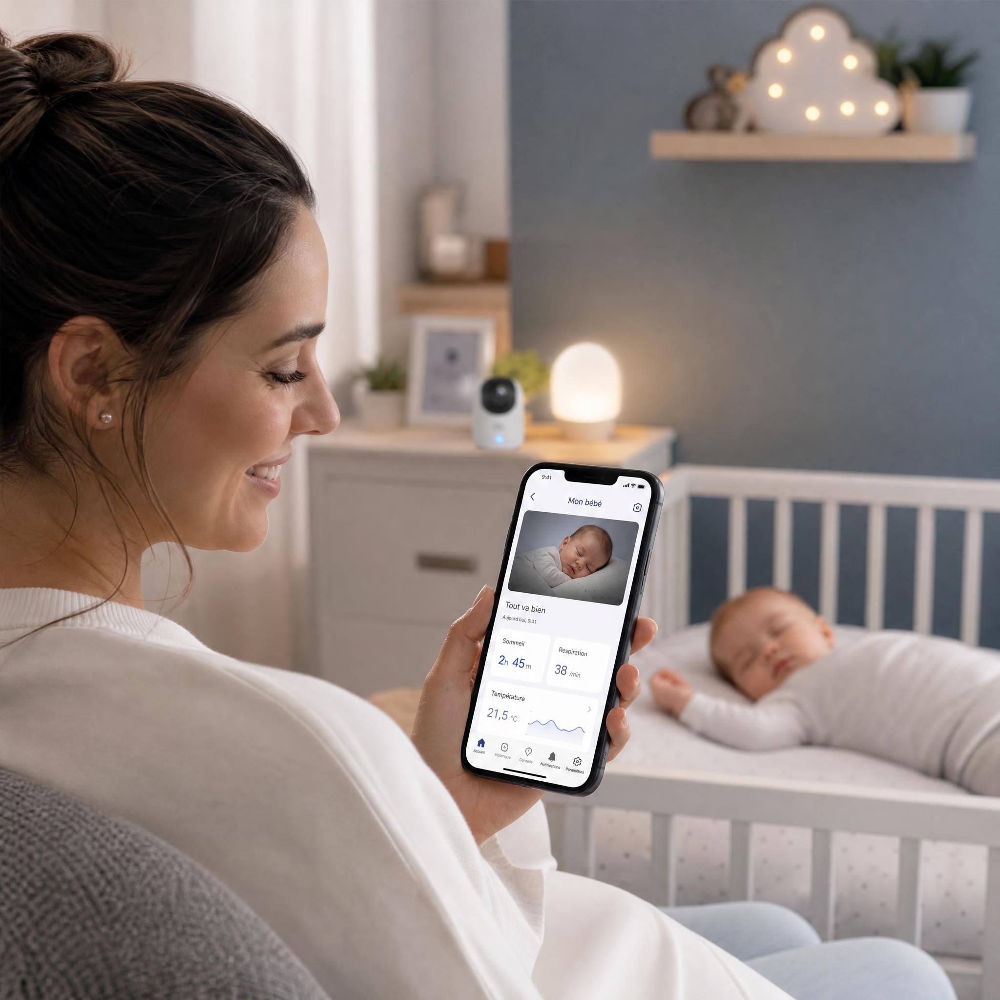 Parent souriant regardant une application de suivi bébé sur smartphone, bébé endormi en arrière-plan dans une chambre moderne connectée