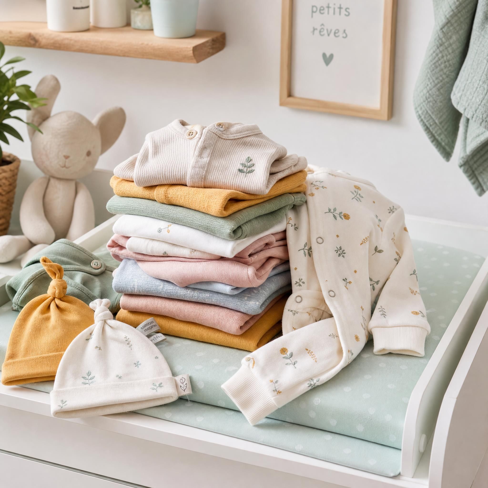 Pile de vêtements bébé colorés et doux — bodies, pyjamas grenouillères et bonnets en coton bio — posés sur une table à langer pastel
