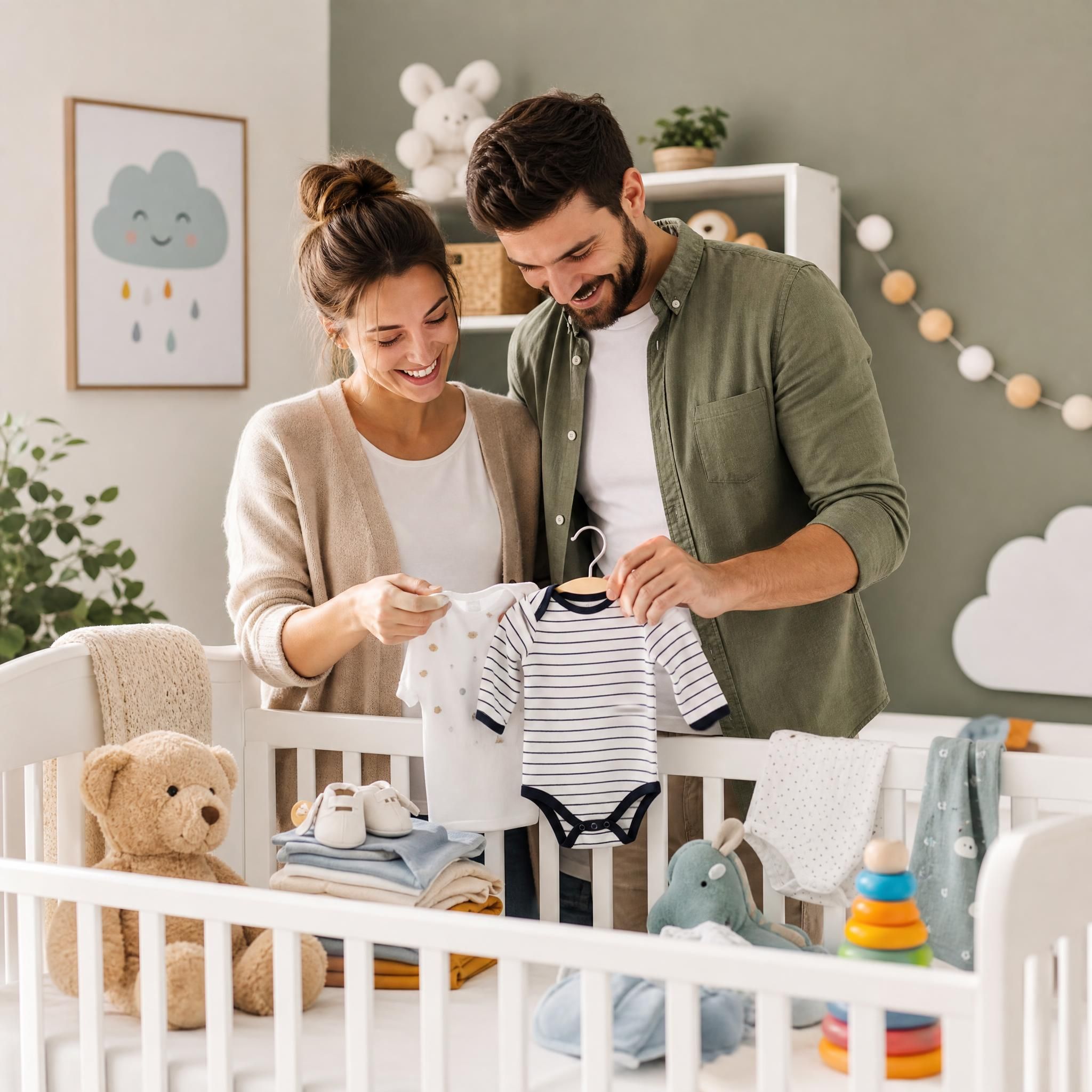 Jeune couple de parents heureux préparant la chambre bébé avec des jouets colorés et des vêtements nouveau-né posés sur un lit à barreaux blanc