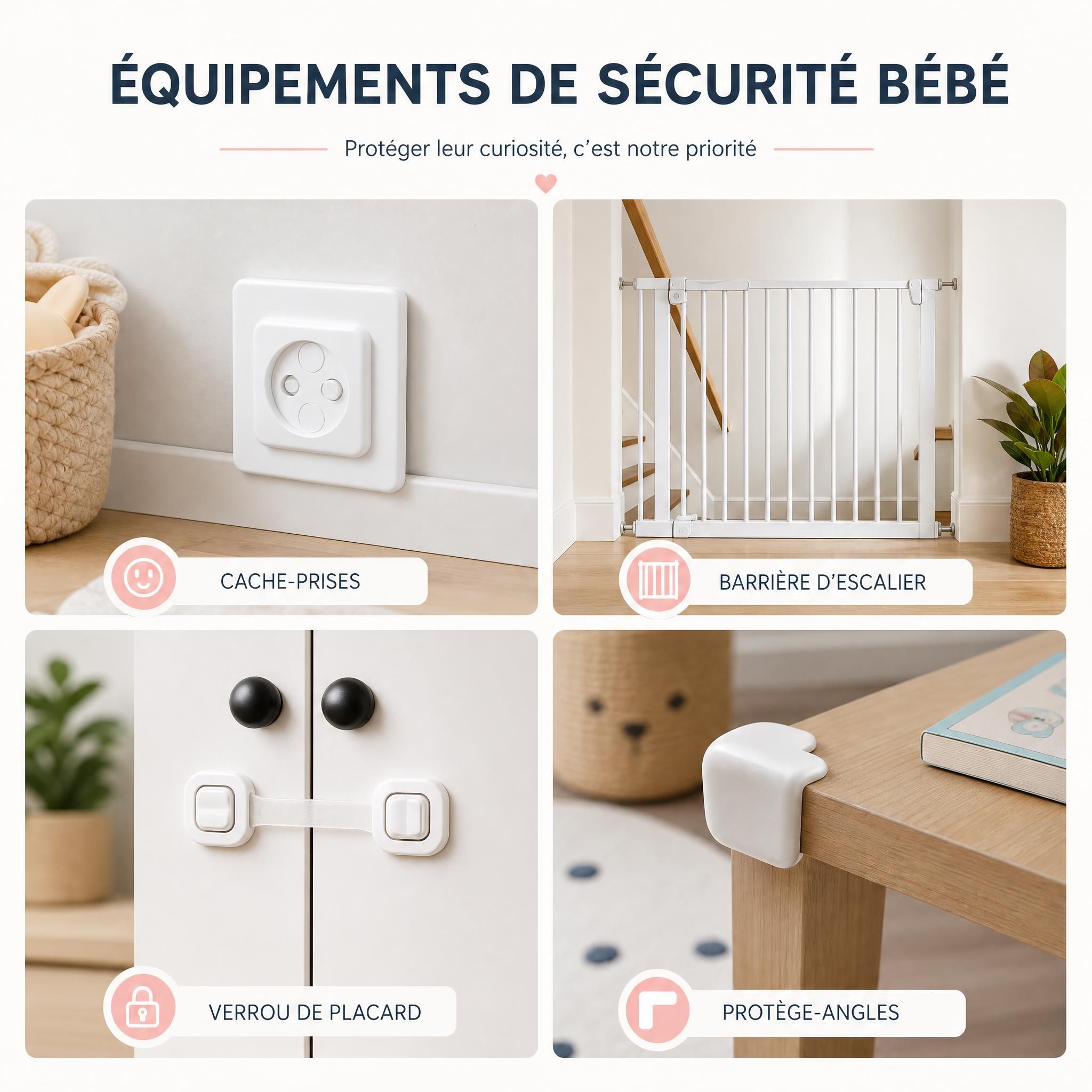 Équipements sécurité bébé - cache-prises, barrière d'escalier, verrou de placard et protège-angles sur fond clair