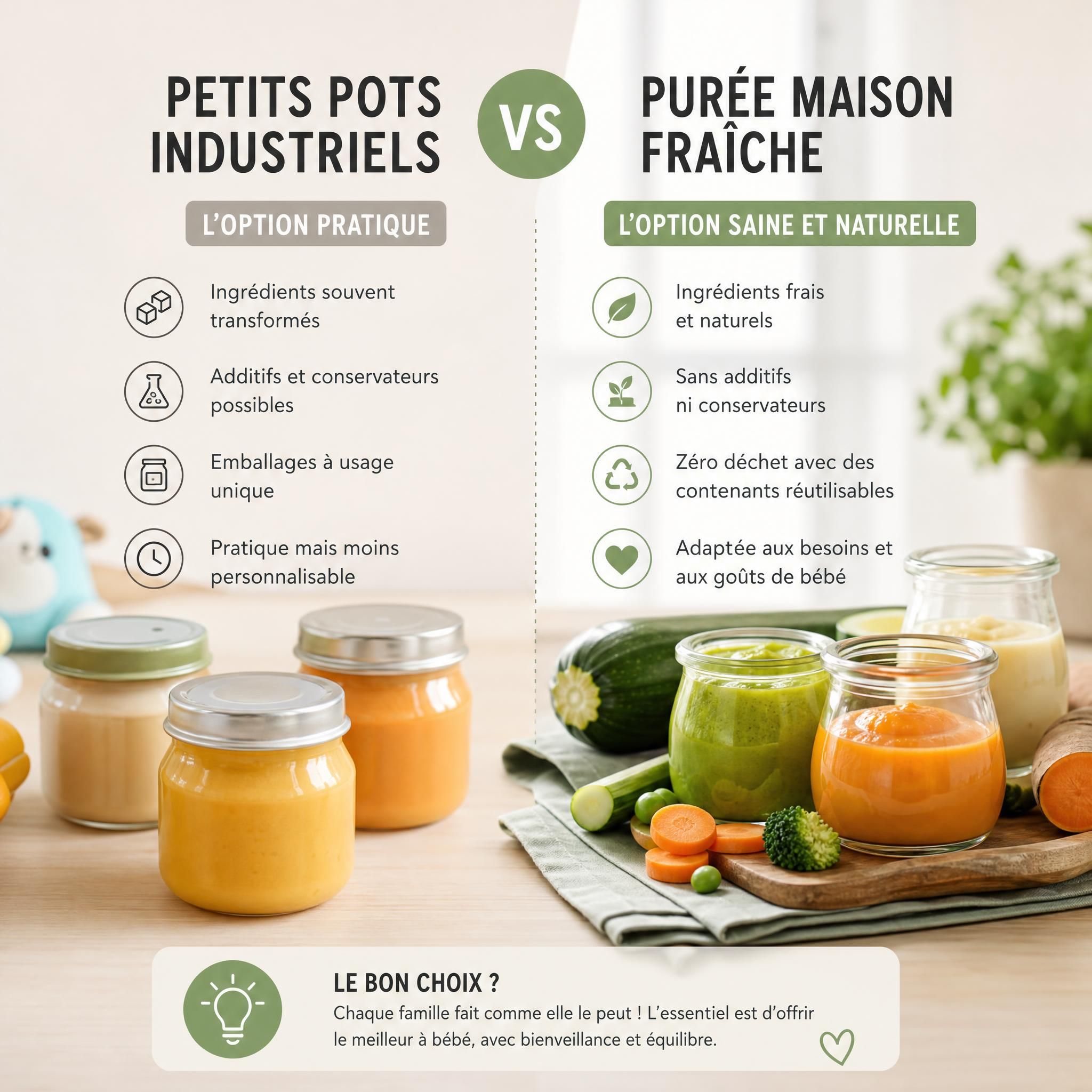 Comparaison petits pots industriels bébé versus purée maison fraîche dans des récipients en verre