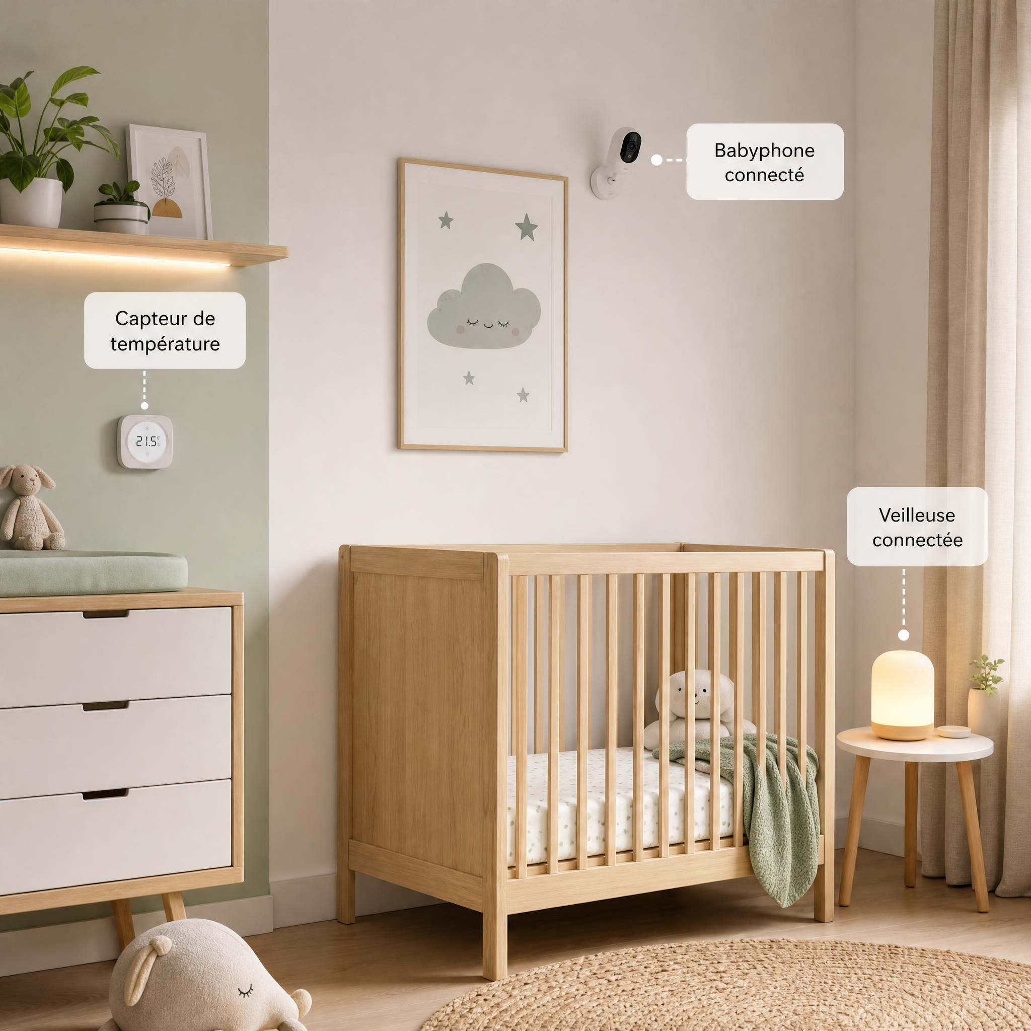 Chambre de bébé moderne et épurée avec veilleuse connectée, capteur de température mural et babyphone positionné au-dessus du lit