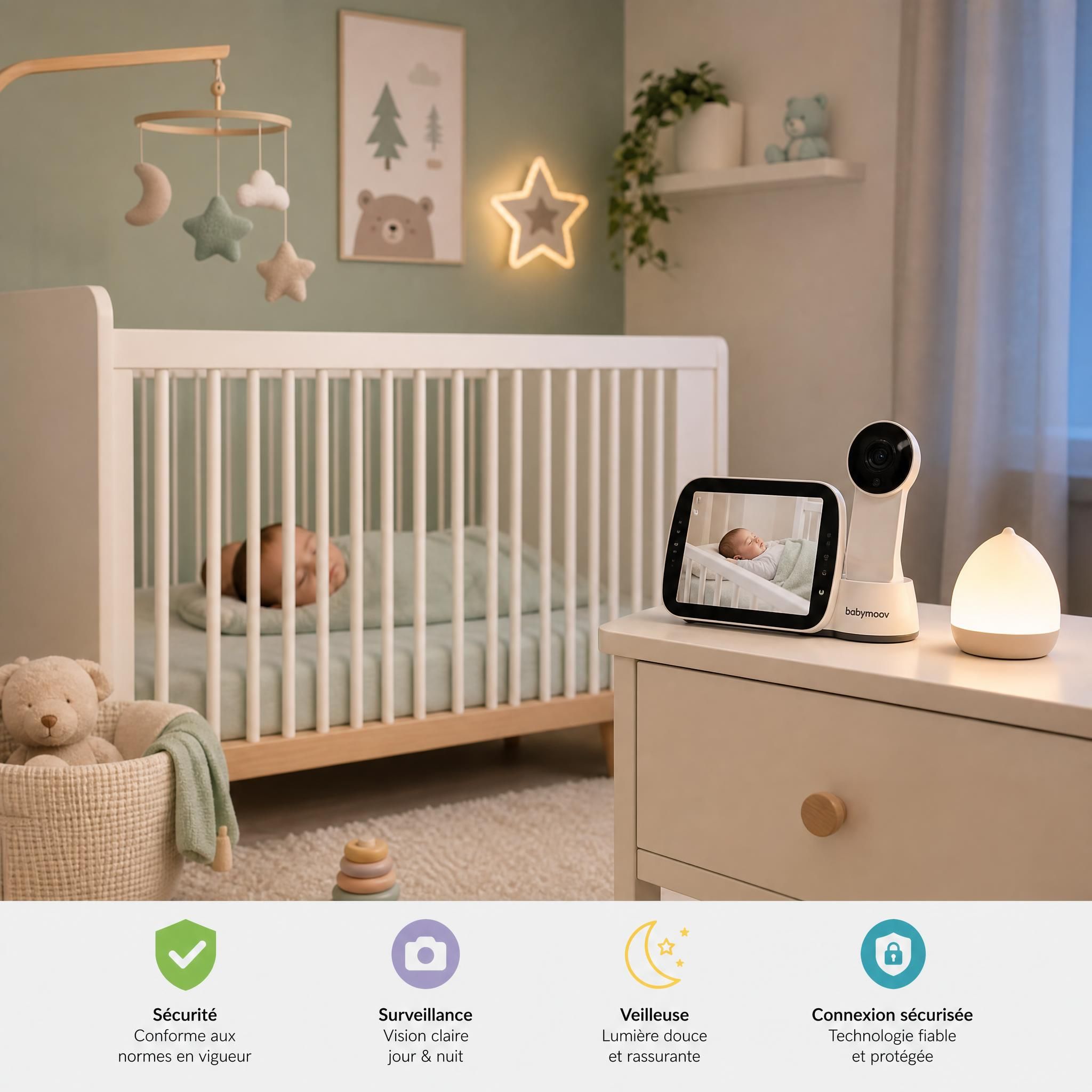 Chambre bébé sécurisée avec babyphone vidéo moderne sur table de nuit, lit à barreaux aux normes et veilleuse douce dans une pièce apaisante aux tons pastels