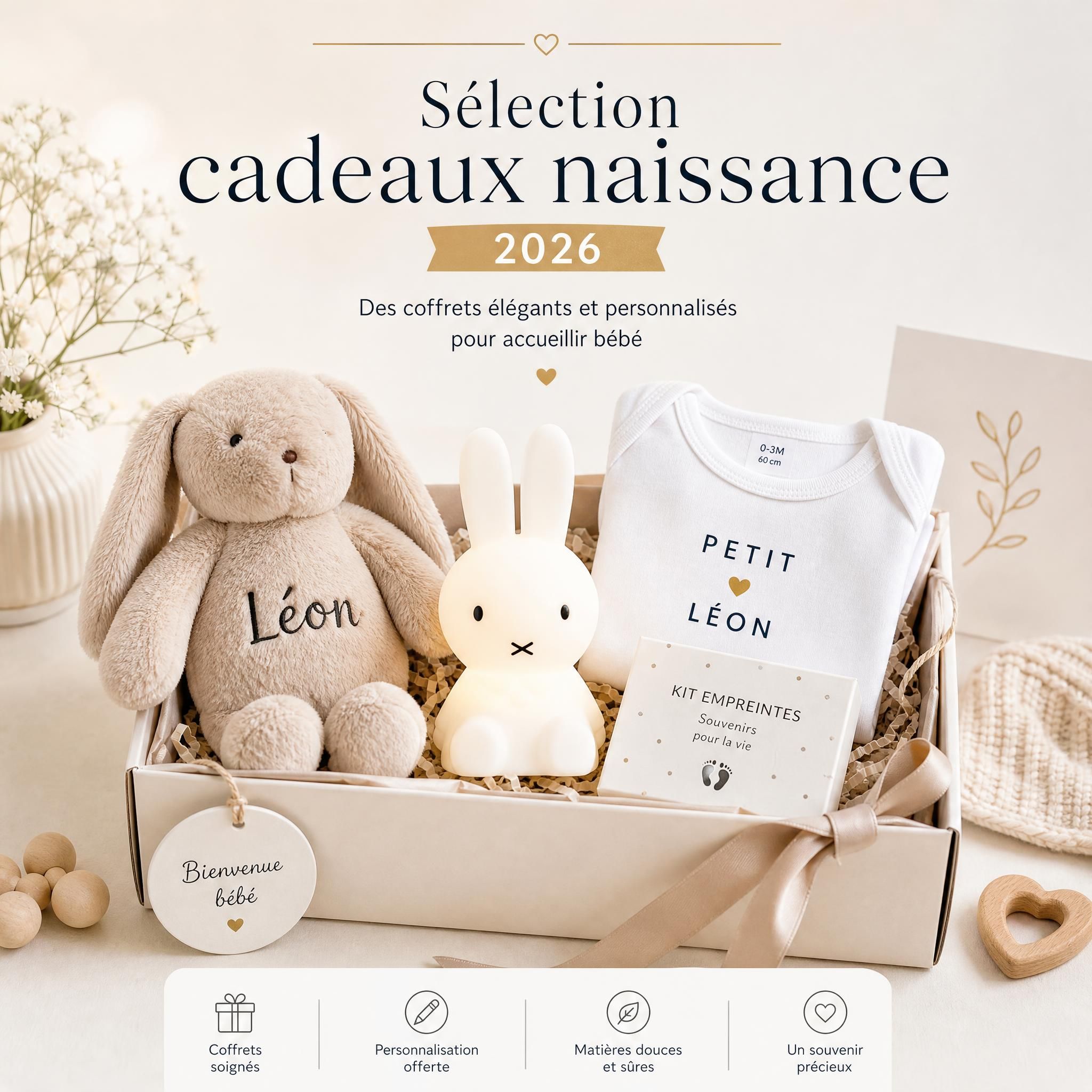 Sélection cadeaux naissance 2026 — coffret bébé élégant avec doudou brodé, veilleuse Miffy, body personnalisé et kit empreintes