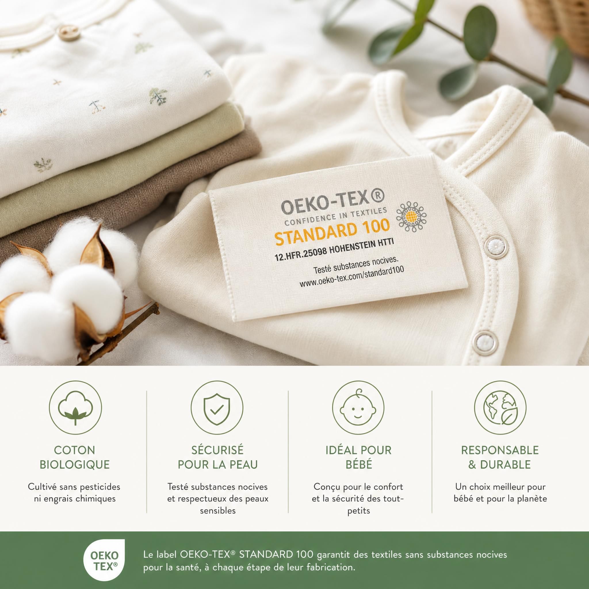 Étiquette Oeko-Tex sur des vêtements bébé en coton biologique, composition textile sécurisée