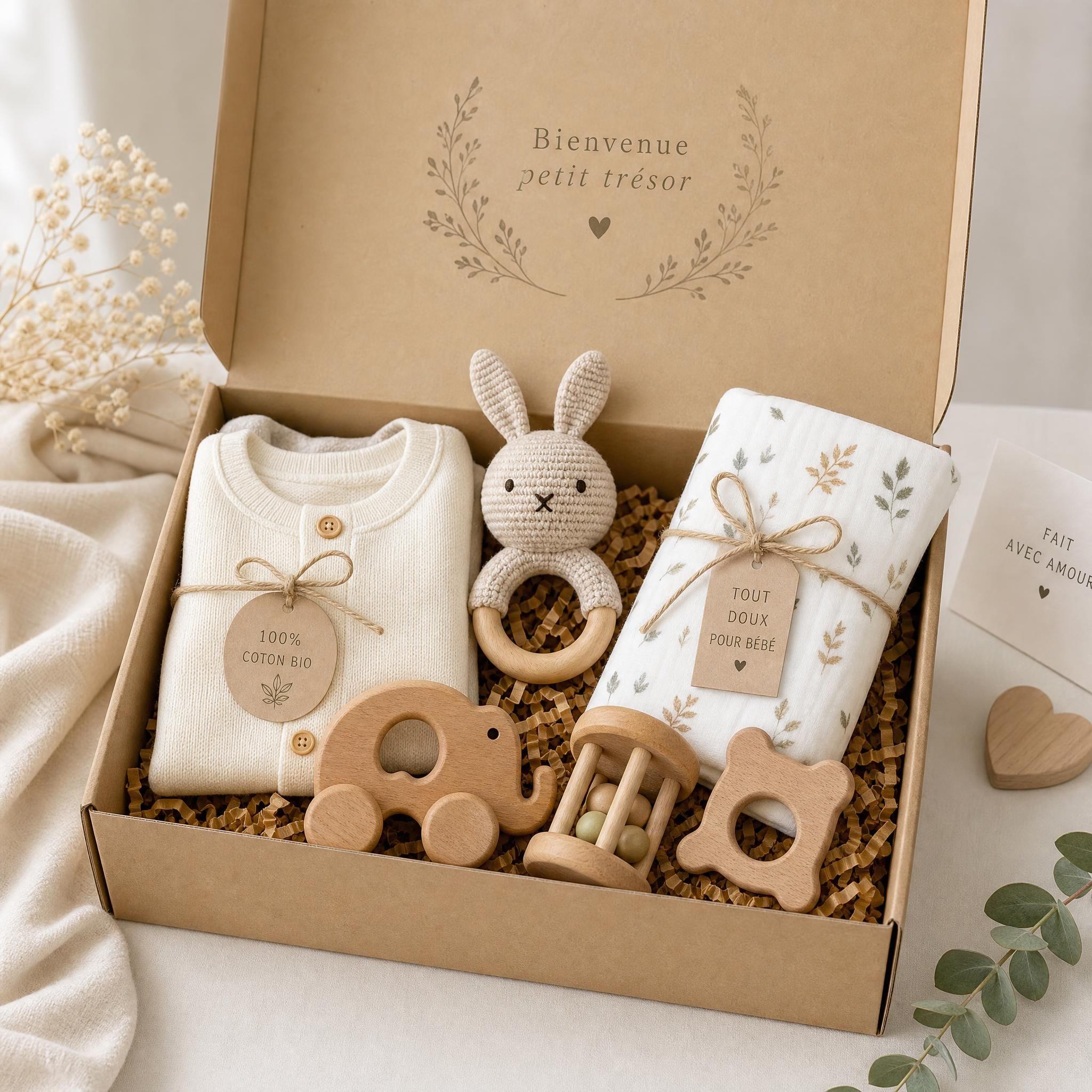 Coffret cadeau naissance élégant avec jouets en bois, vêtements bio et accessoires bébé