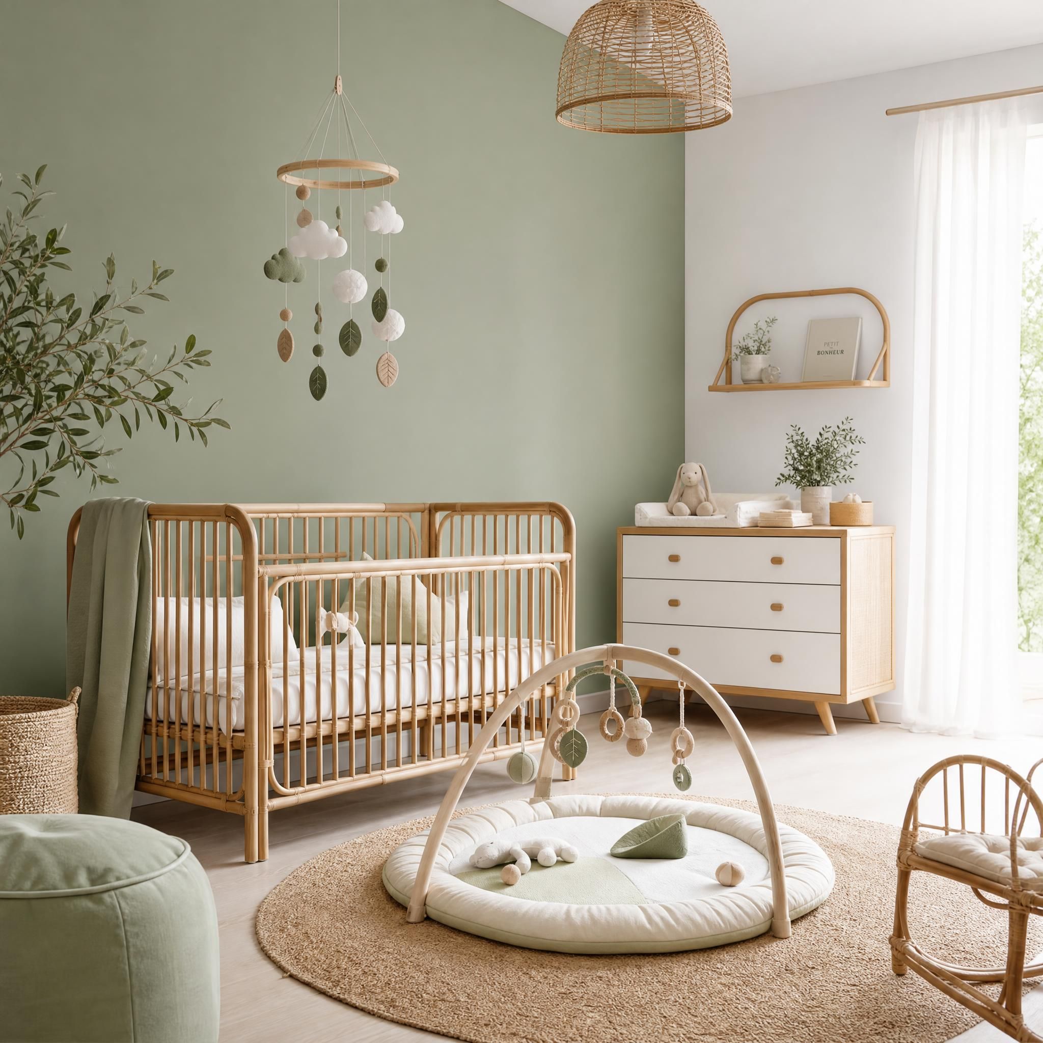 Chambre bébé tendance 2026 en style midimaliste avec palette vert sauge et blanc, mobilier en rotin naturel, mobile décoratif et tapis d'éveil