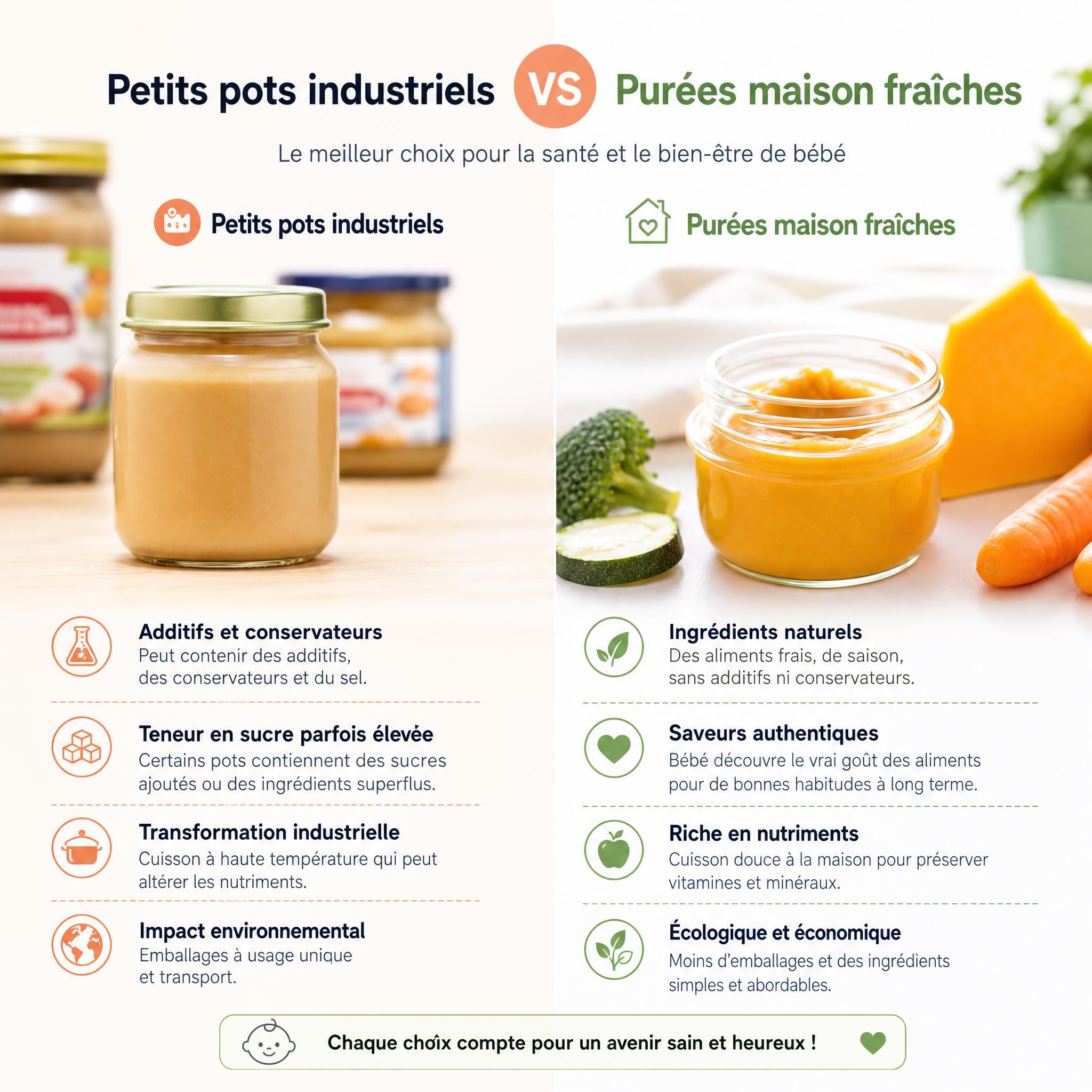Comparaison visuelle entre petits pots industriels et purées maison fraîches pour bébé, alimentation saine nourrisson