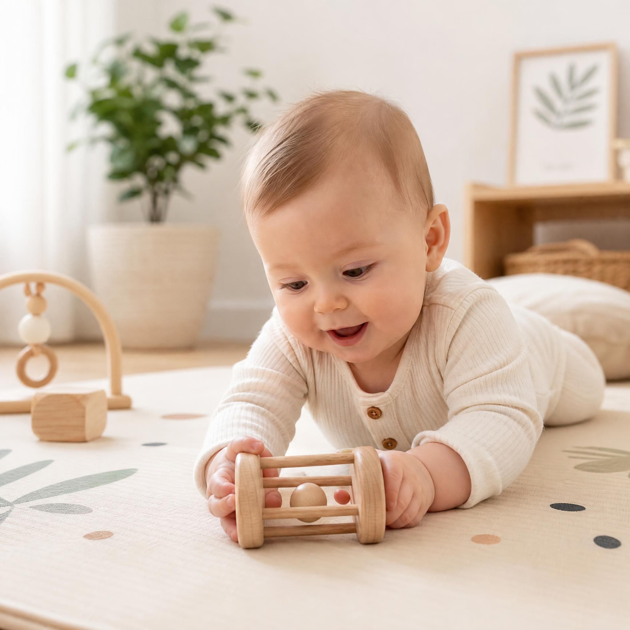 Bébé de 6 mois jouant avec un hochet en bois naturel sur un tapis d'éveil minimaliste