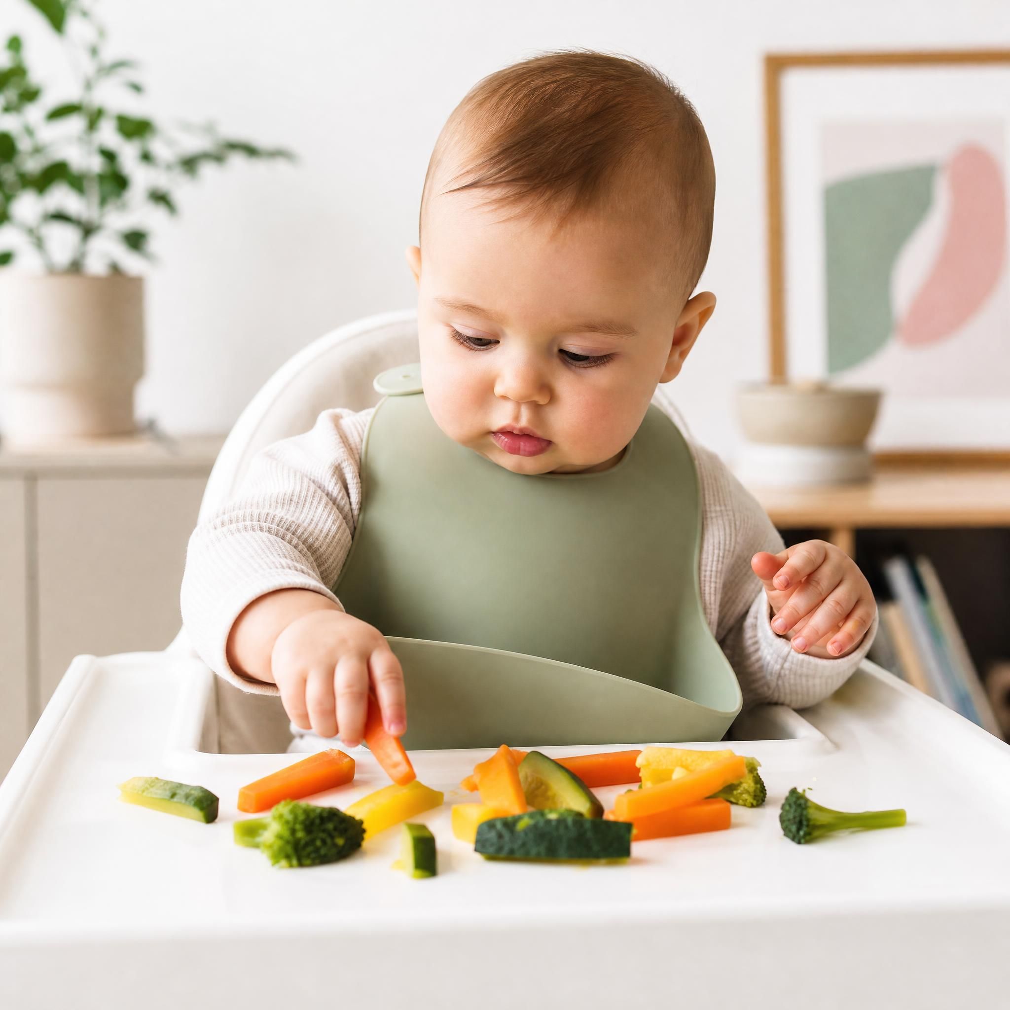Bébé de 8 mois en train d'explorer des morceaux de légumes colorés sur sa chaise haute, diversification alimentaire menée par l'enfant DME