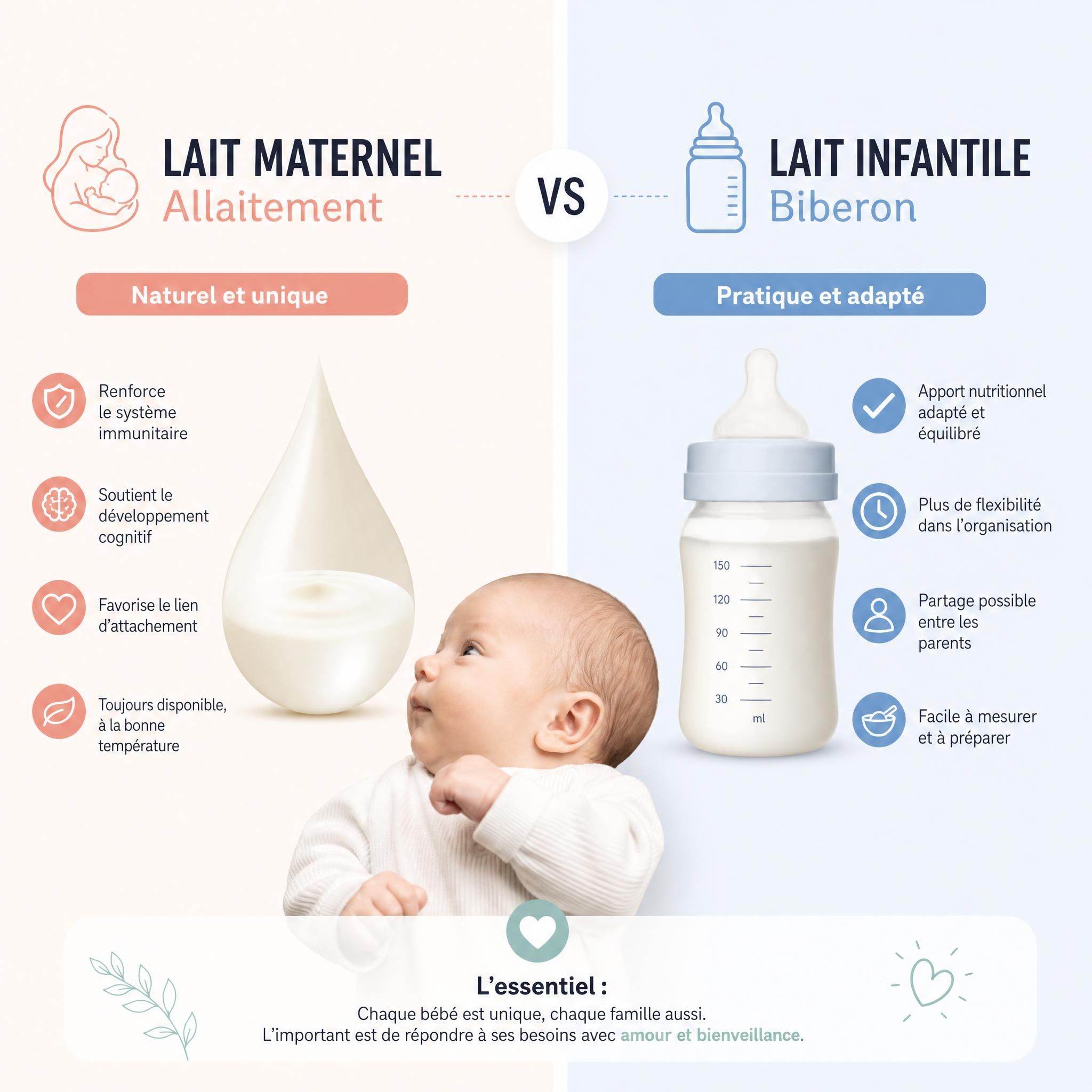 Comparaison visuelle lait maternel allaitement versus biberon lait infantile bébé nouveau-né
