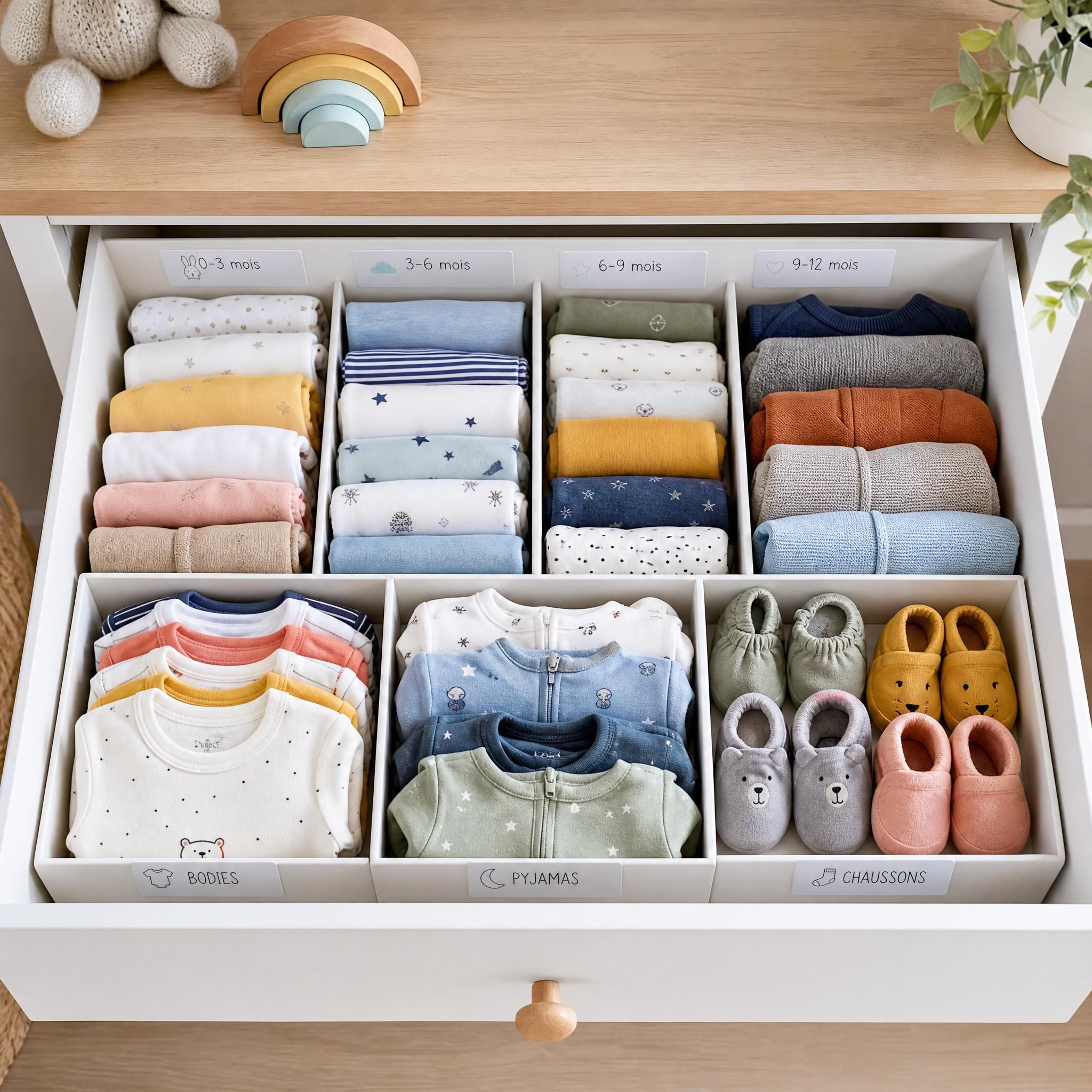 Tiroir organisé de vêtements bébé bien rangés par taille, bodies, pyjamas et chaussons colorés