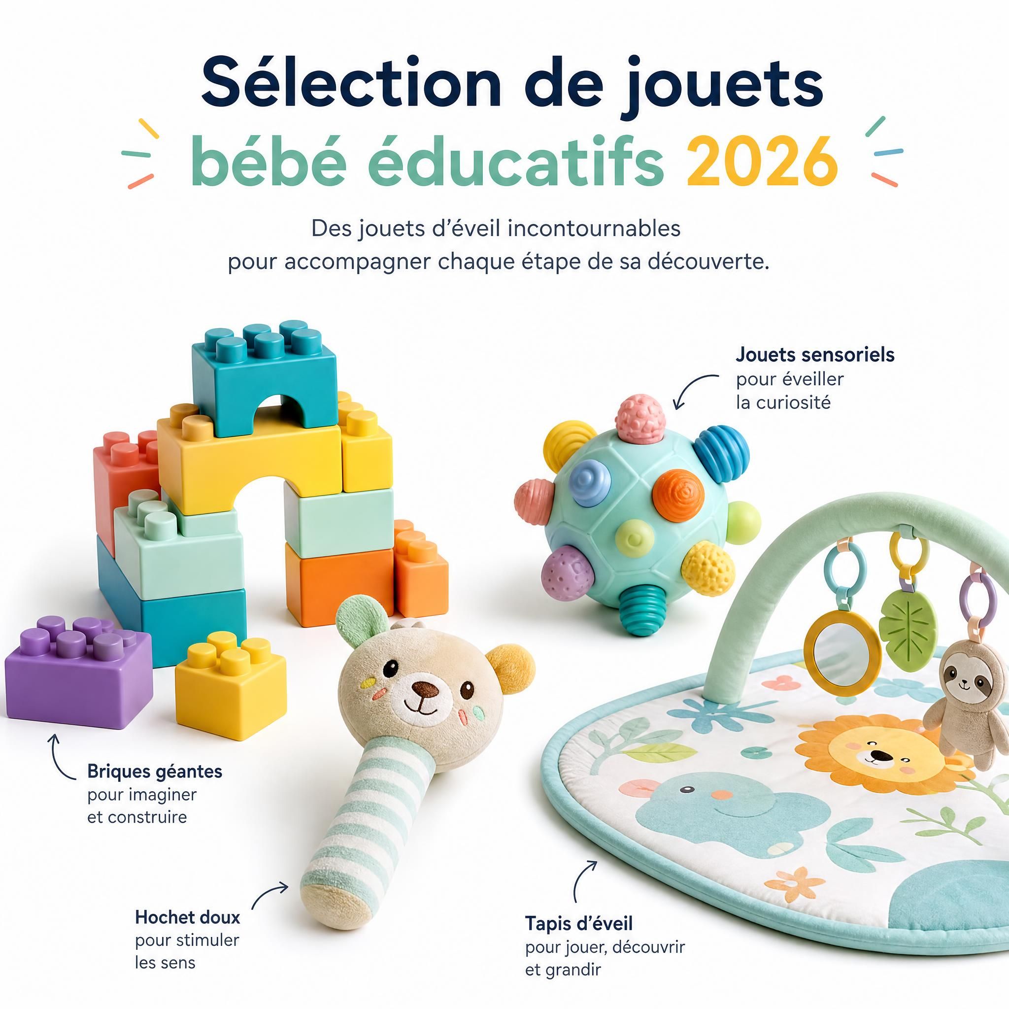 Sélection de jouets bébé éducatifs 2026 : briques géantes colorées, jouets sensoriels, hochet doux et tapis d'éveil sur fond blanc épuré