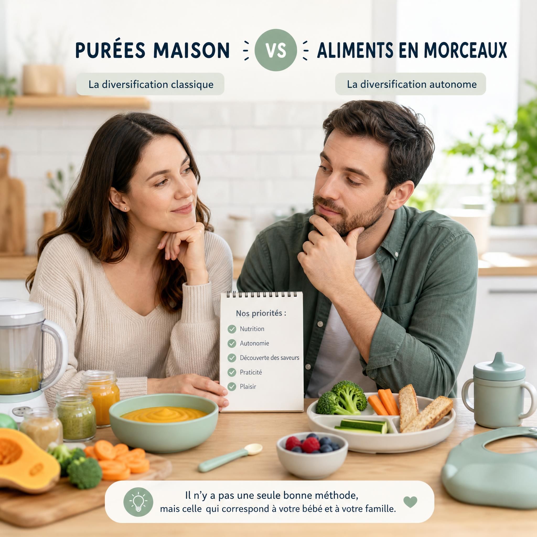 Parents comparant différentes méthodes d'alimentation bébé — purées maison et aliments en morceaux sur une table