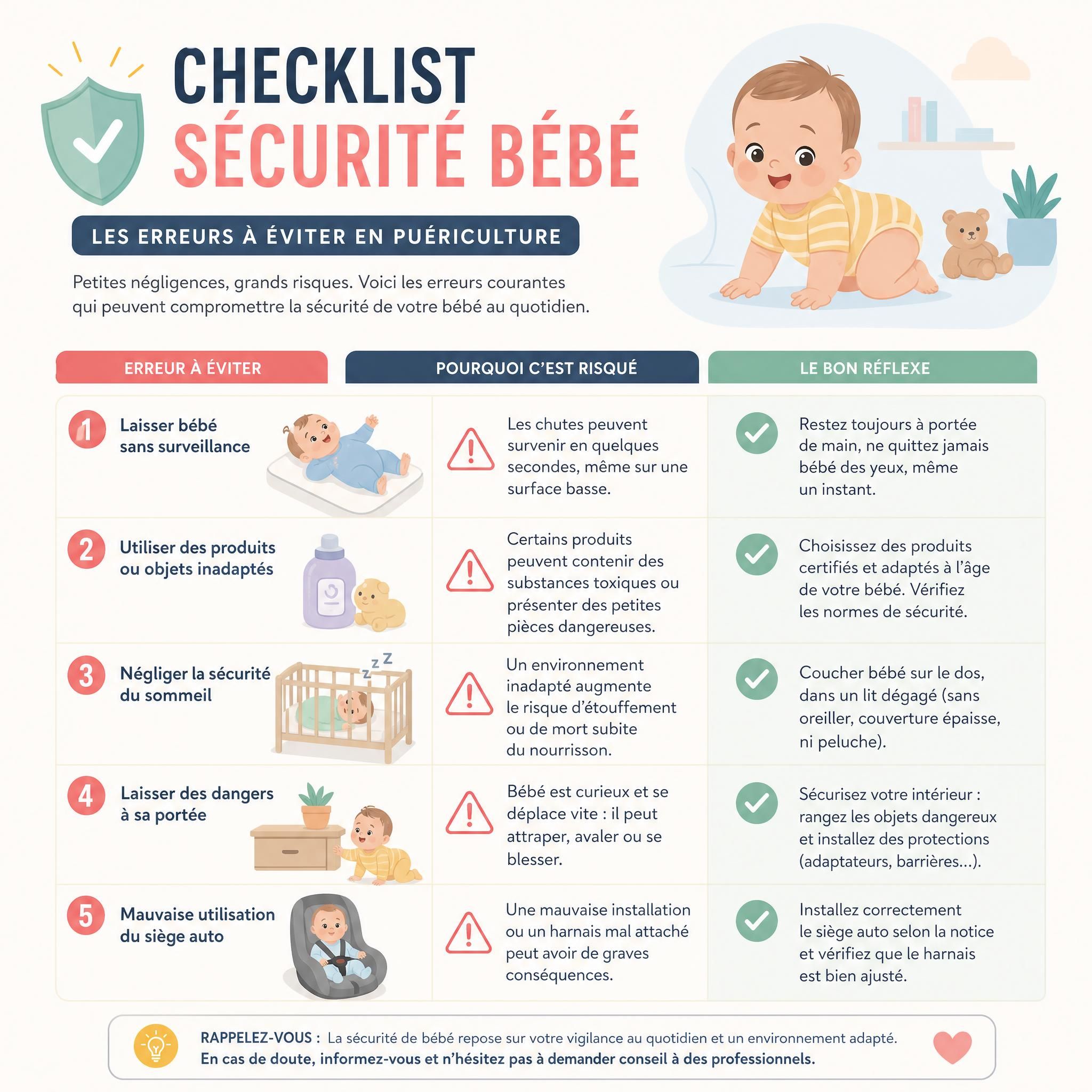 Checklist sécurité bébé illustrée avec icônes, guide visuel pour parents sur les erreurs à éviter en puériculture