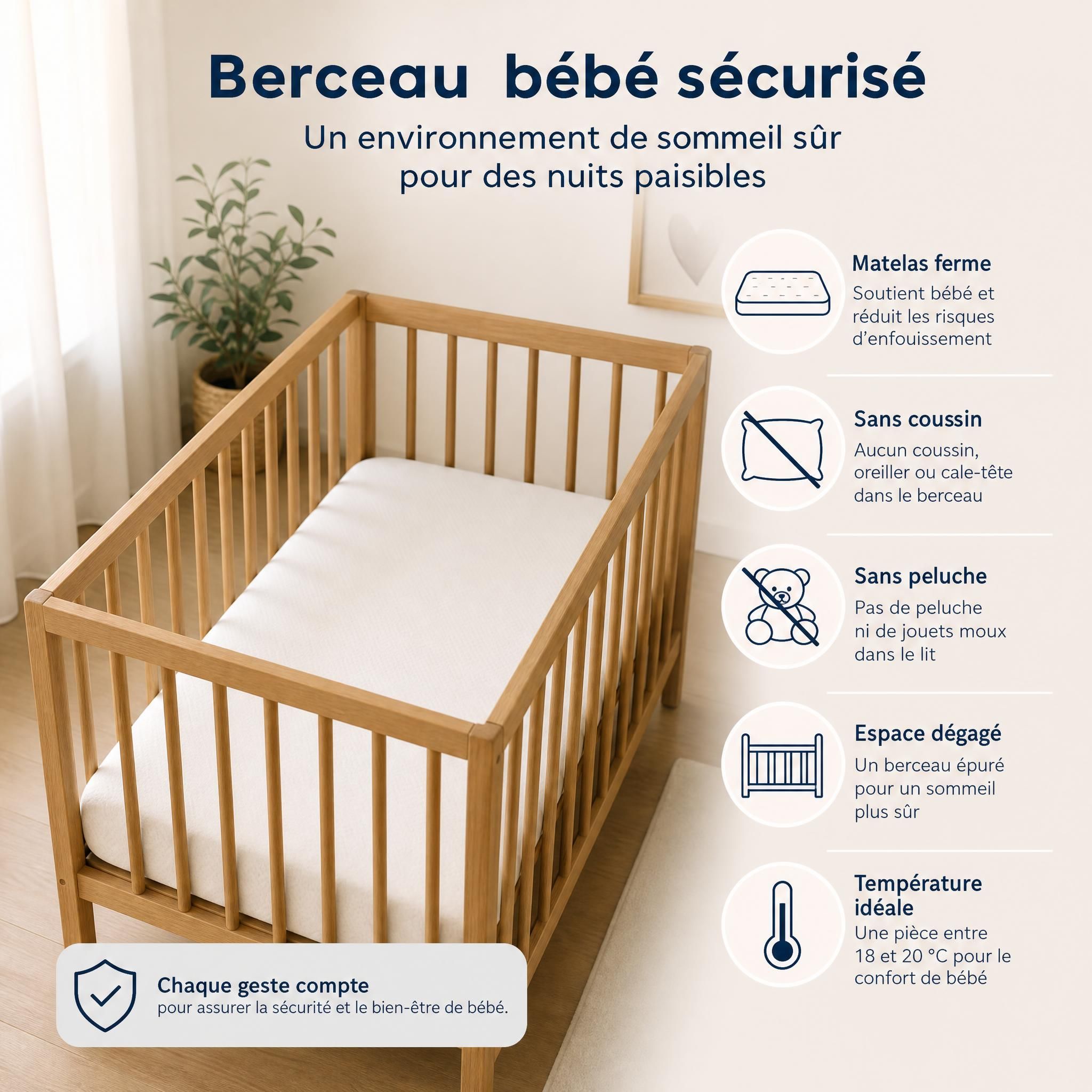Berceau bébé sécurisé avec matelas ferme, sans coussin ni peluche, environnement de sommeil sûr pour nourrisson