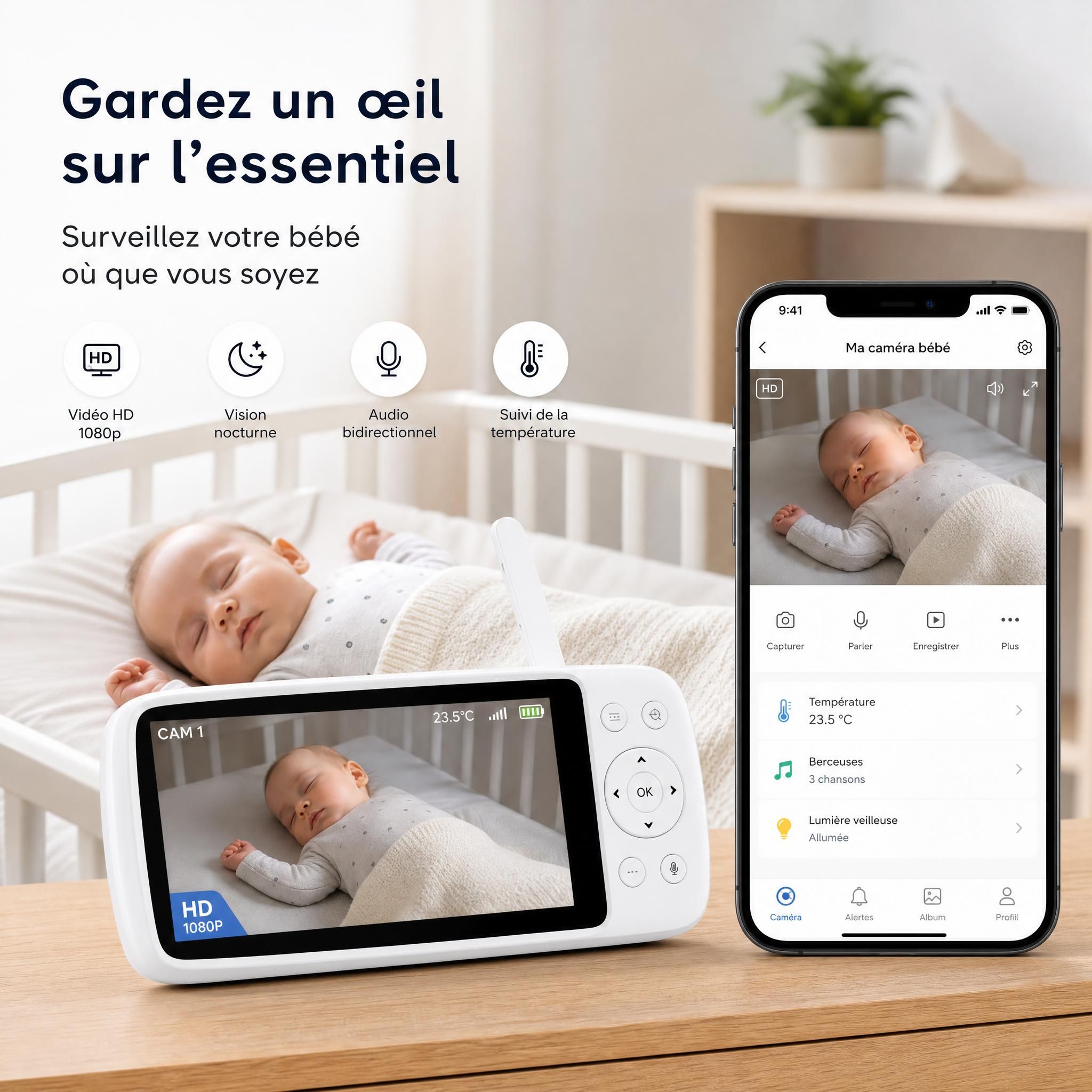 Moniteur bébé connecté avec écran HD affichant un bébé qui dort paisiblement dans son berceau, interface application smartphone visible