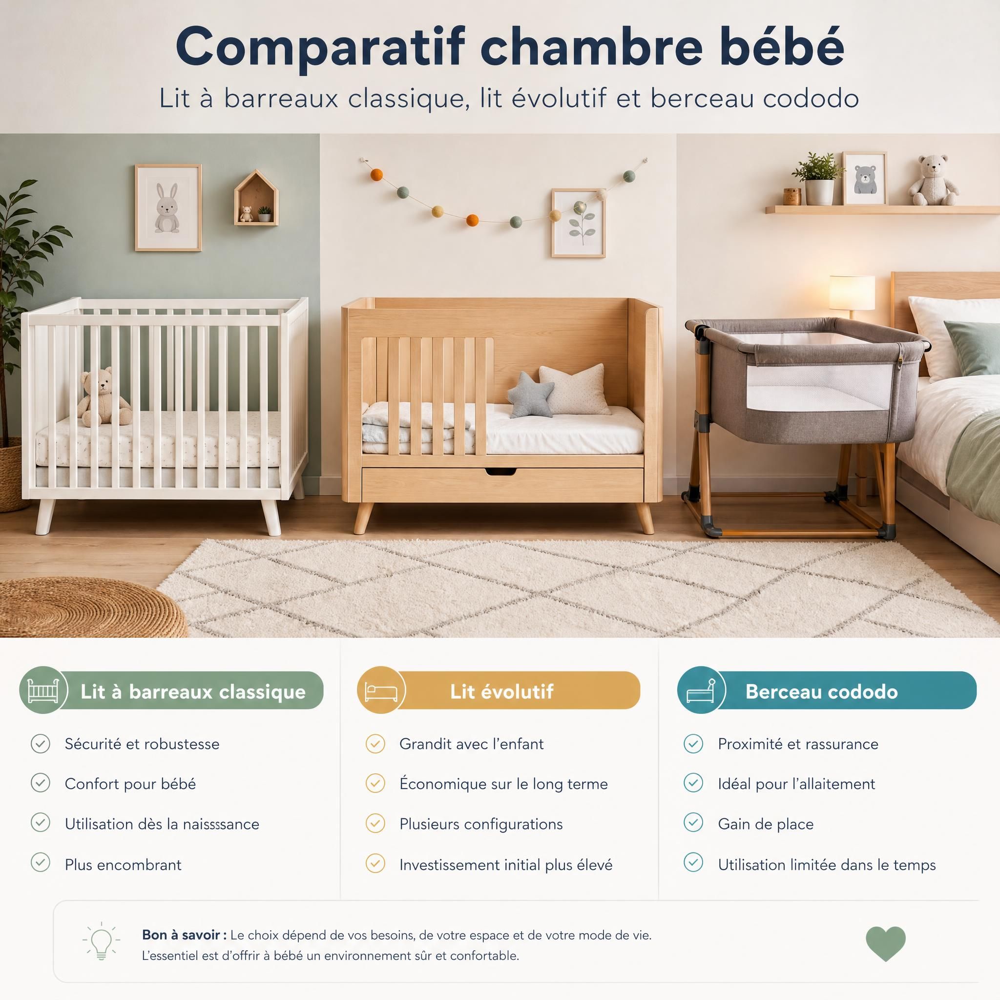 Comparatif chambre bébé — lit à barreaux classique, lit évolutif et berceau cododo côte à côte dans une chambre lumineuse