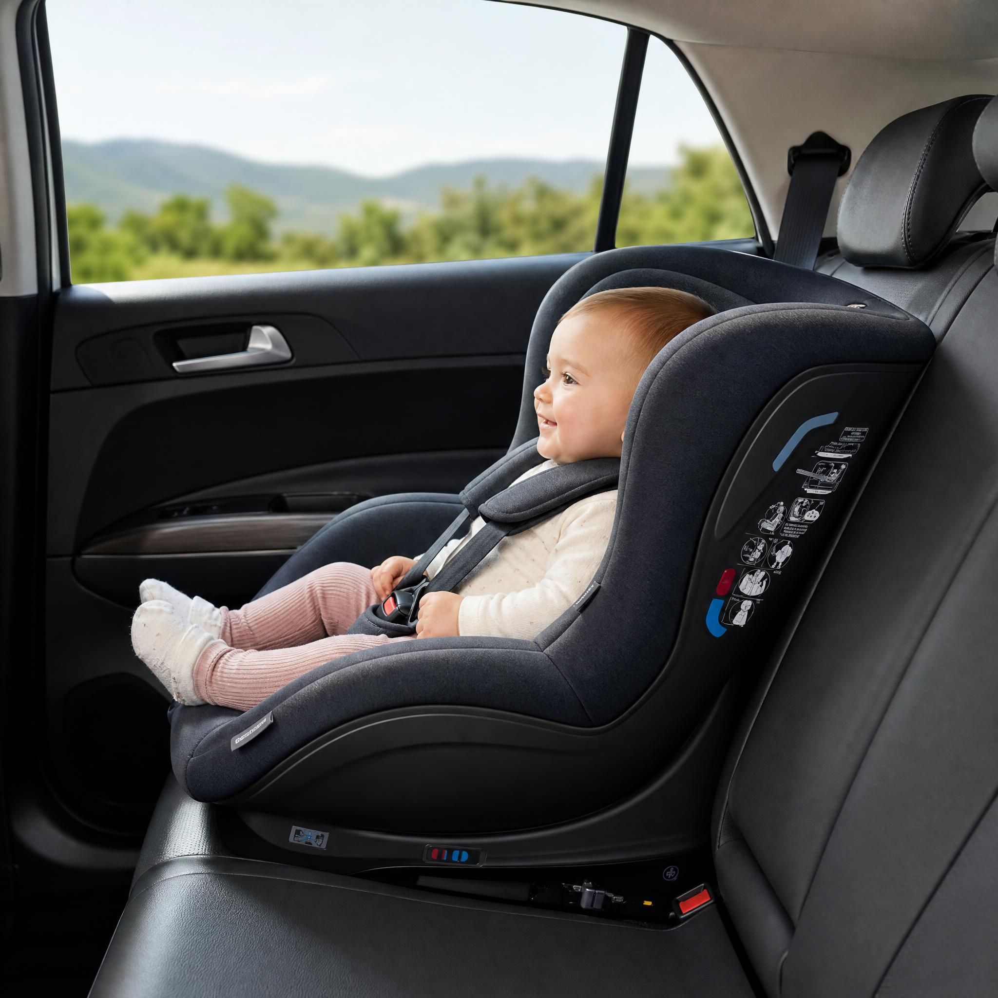 Siège auto bébé installé correctement dans une voiture, vue de profil avec harnais bien ajusté