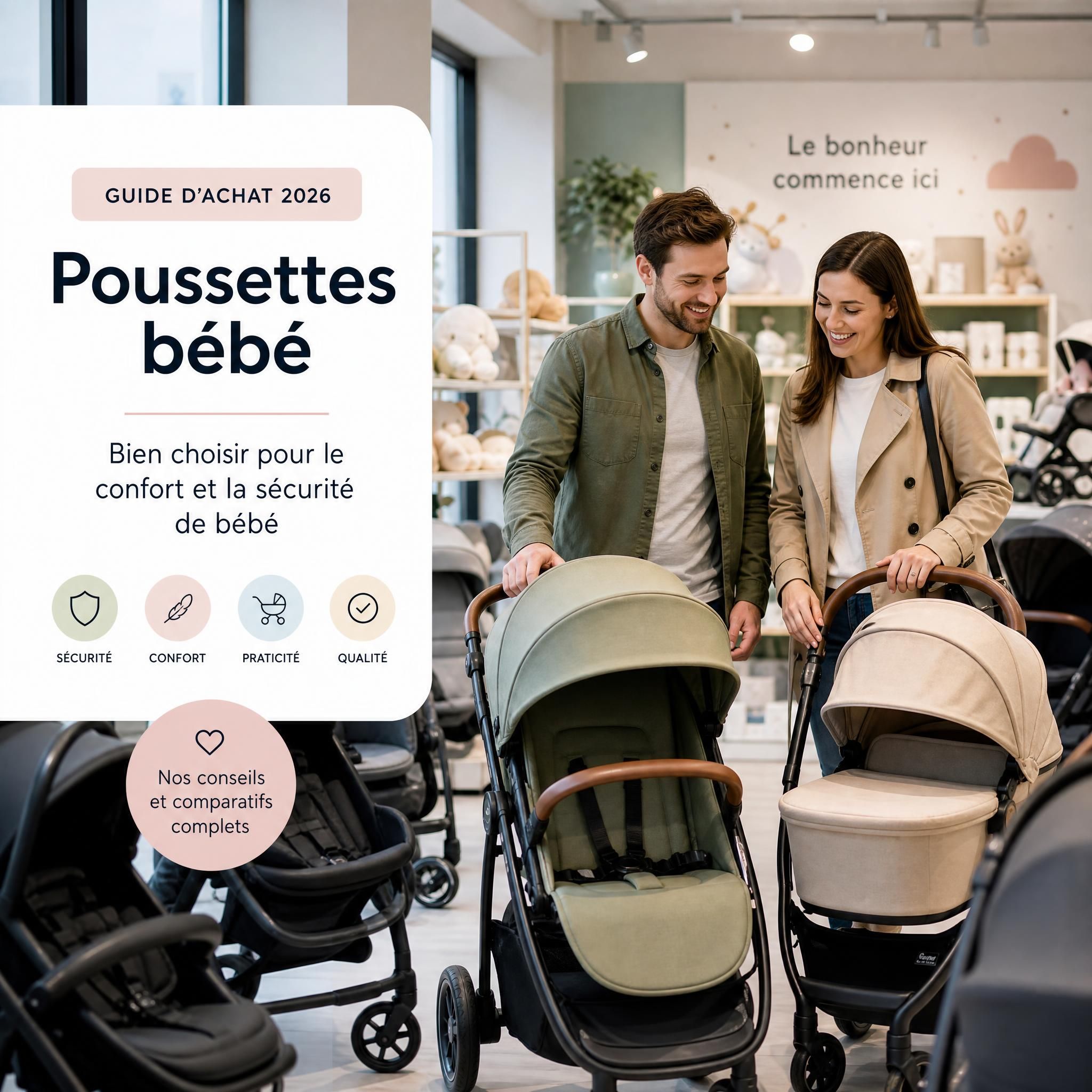 Parents heureux comparant des poussettes bébé dans un magasin de puériculture, guide d'achat accessoires bébé 2026
