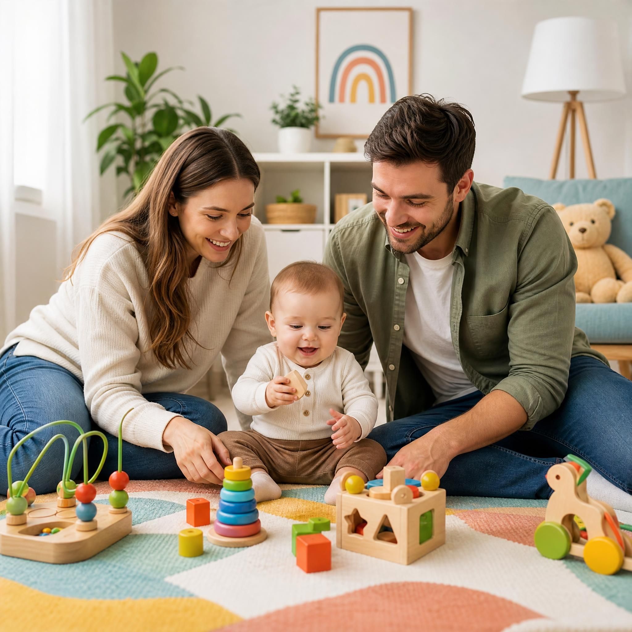 Parents heureux avec bébé entouré de jouets d'éveil en bois sur un tapis coloré