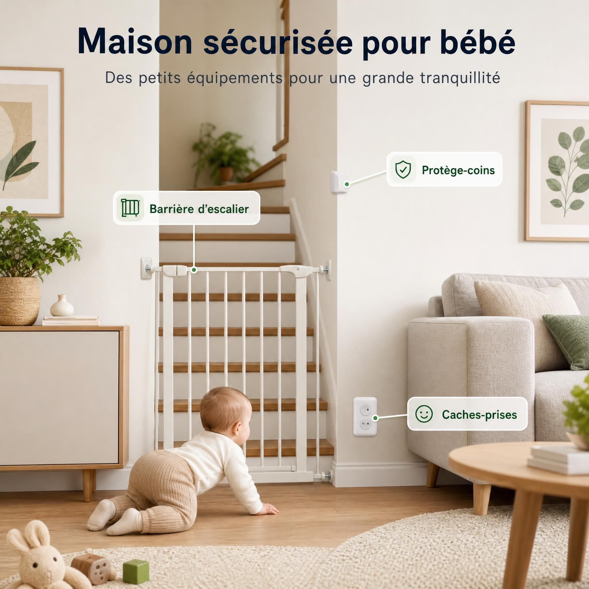 Maison sécurisée pour bébé avec barrière d'escalier, protège-coins et caches-prises visibles